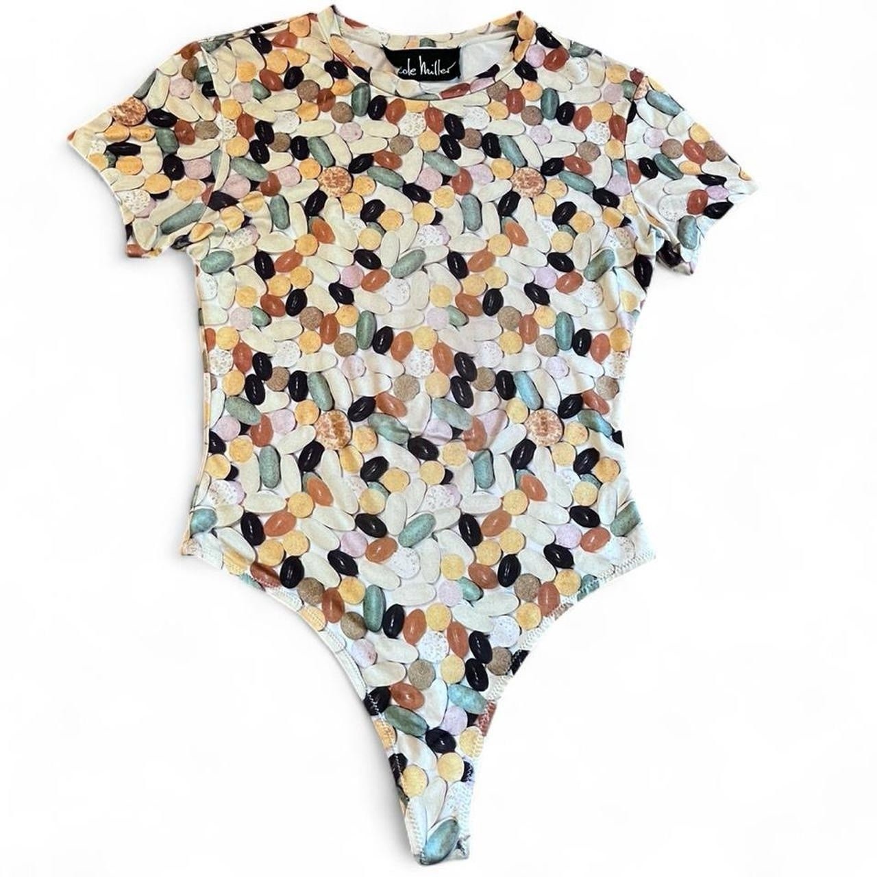 NICOLE MILLER • 1990s RARE VINTAGE GRUNGE STRETCHY VITAMIN PHOTO PRINT BODYSUIT