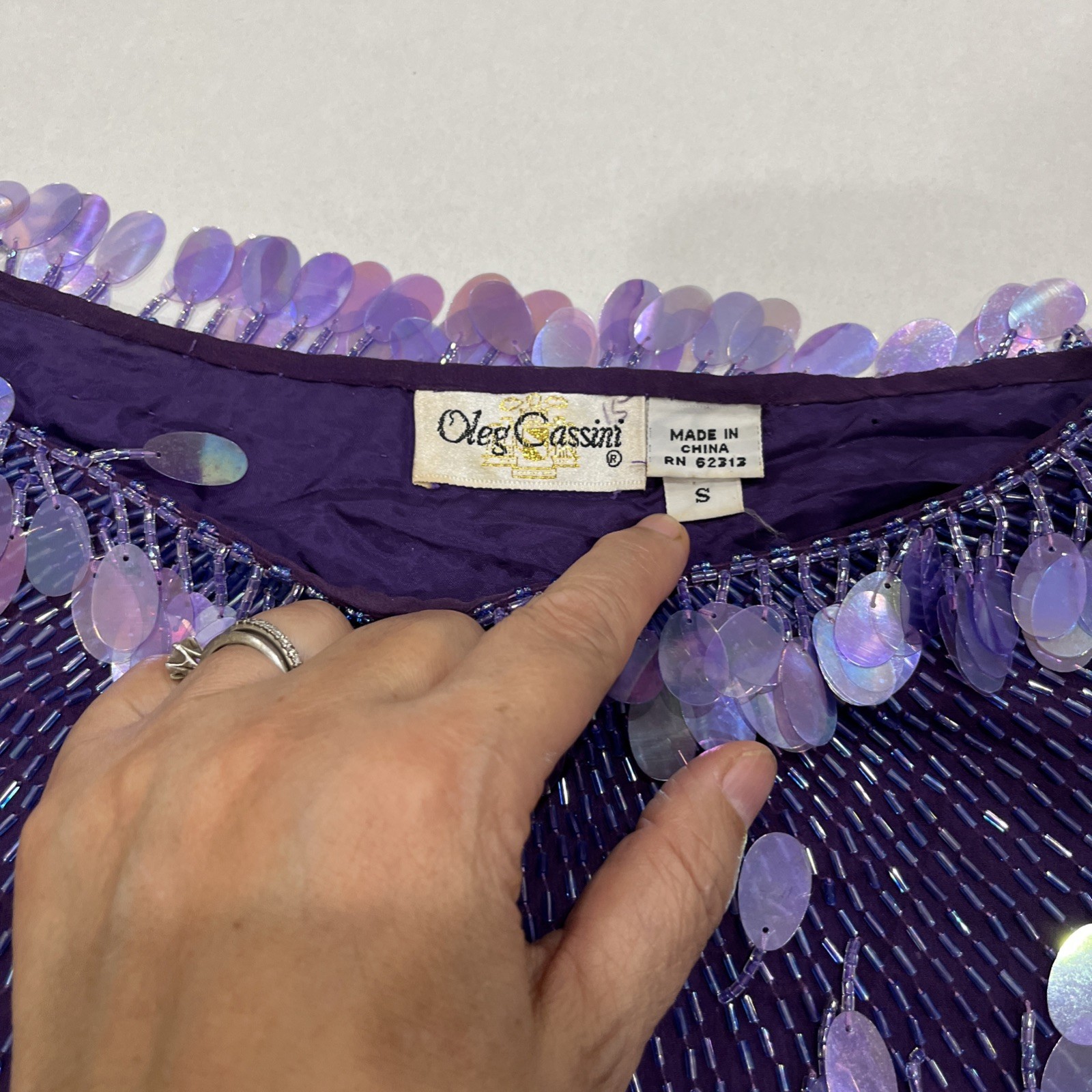 VTG OLEG CASSINI Royal Purple SEQUIN BEADED EMBELLISHED EVENING BLOUSE Size S