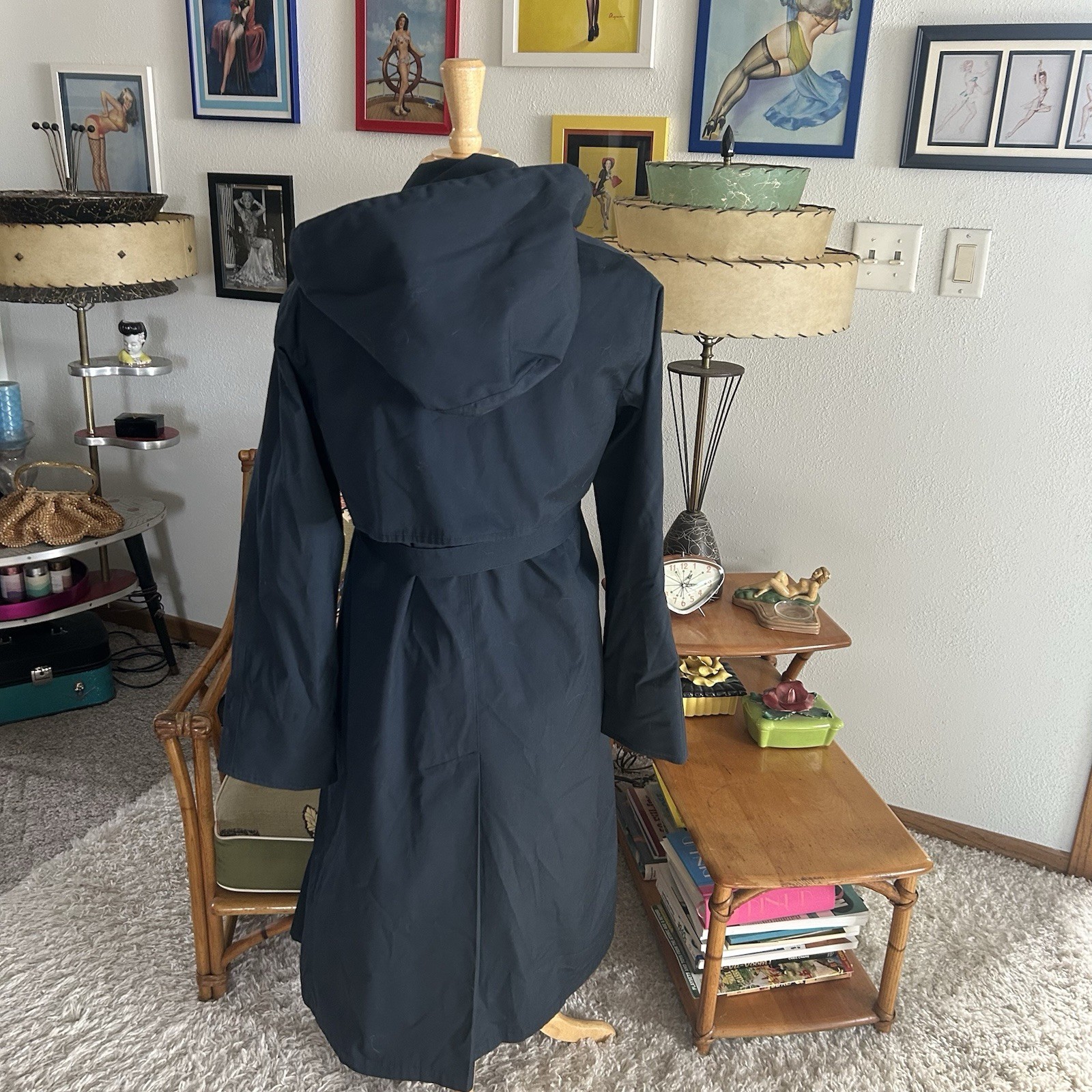 Vintage 1940s style Coat | Navy Blue | Hood | Trench | Belted | M L | 40s | 80s