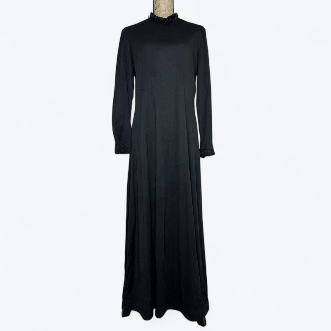 70s Vtg Kay Windsor Black Maxi Dress High Neck Sparkle Trim Goth Witchy Sz S/M?