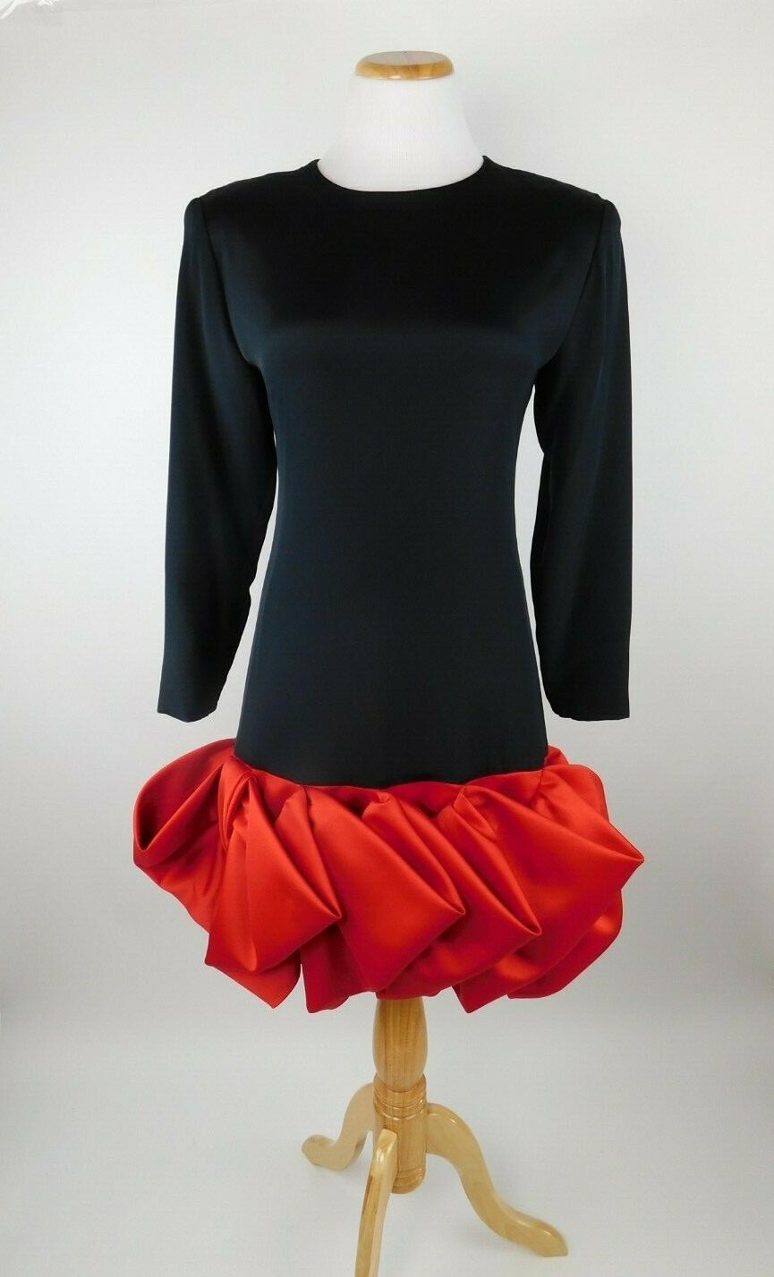 Jarin Ruben Panis 6 Vintage Black Red 1980s Oversize Ruffle Hem Dress