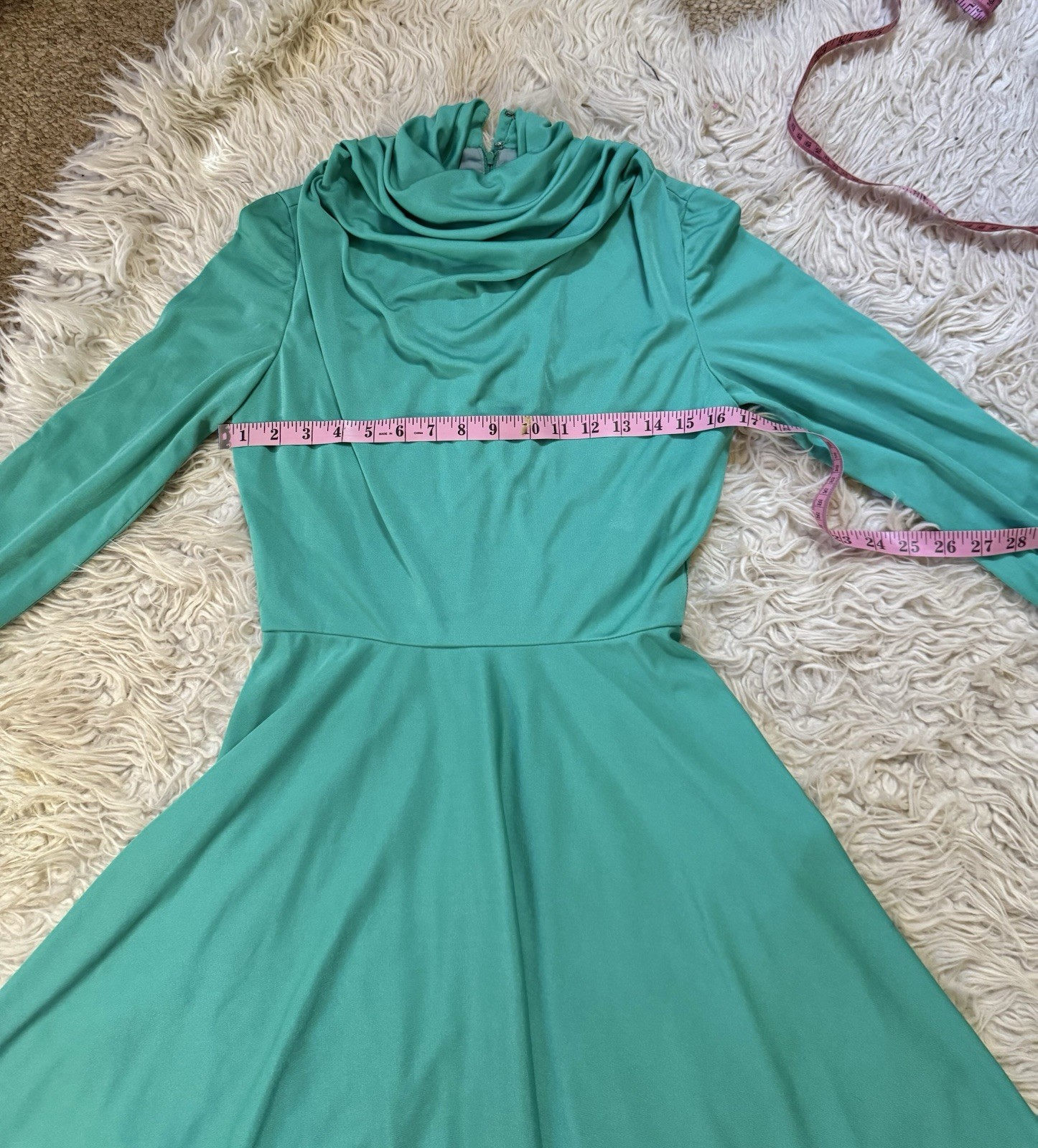 Vtg Lilli Diamond Green Cowl Grecian Draped Jersey Dress 60s Goddess LS XS S
