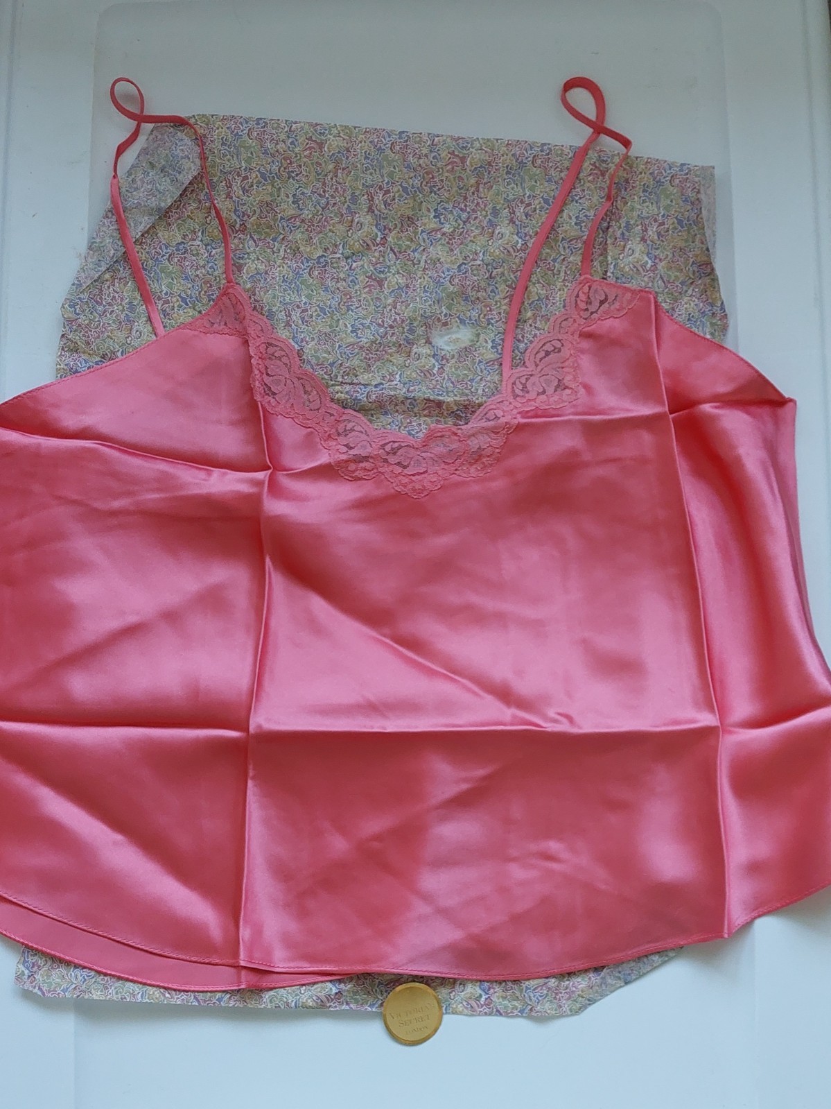 NWT~SILK~Vintage~Victoria’s Secret~Gold Label~Cami ~Top L ~Salmon Pink~Lace Trim