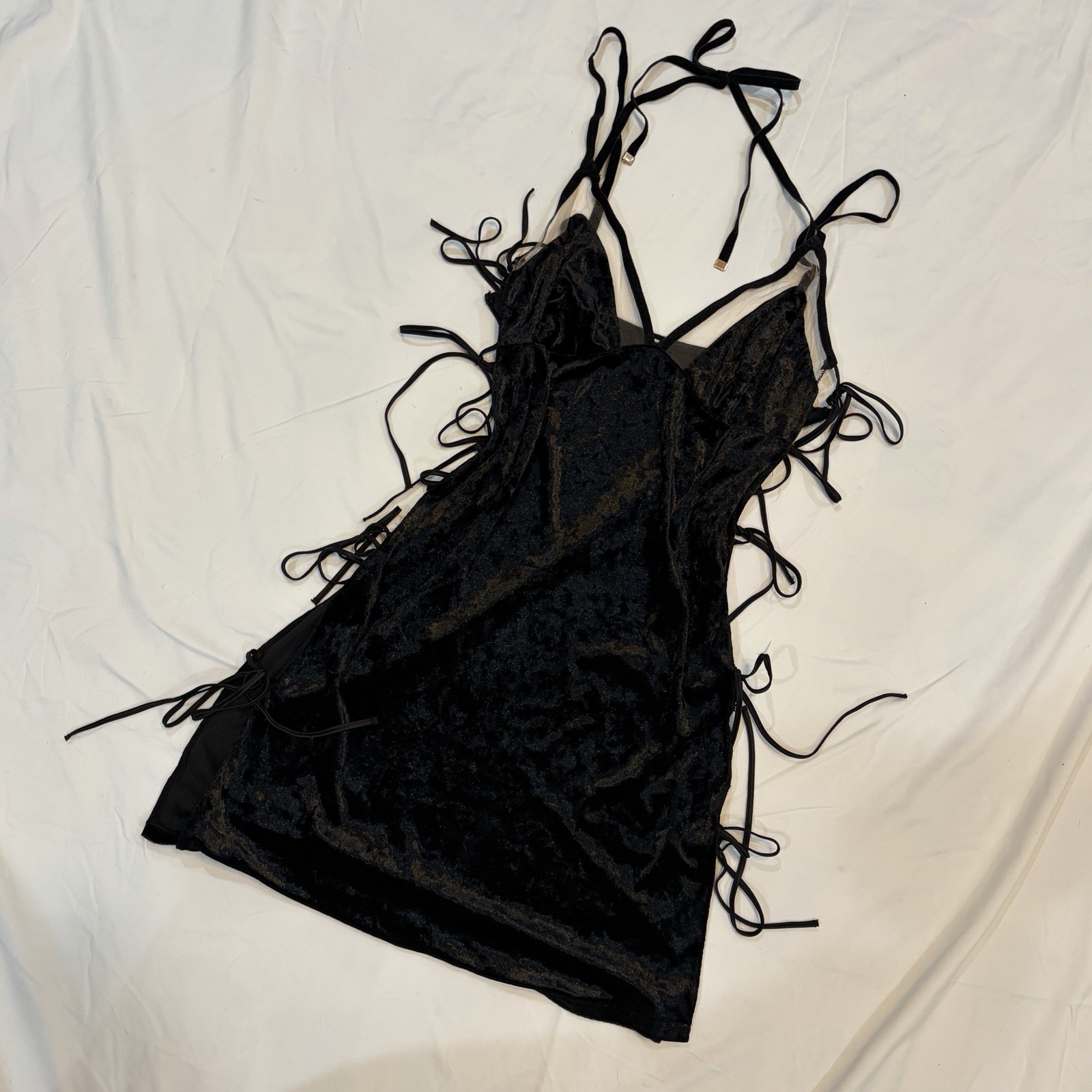 Vintage Velour Black Velvet Mesh Rare Mini Slip Dress Tie Sides Ribbon Coquette