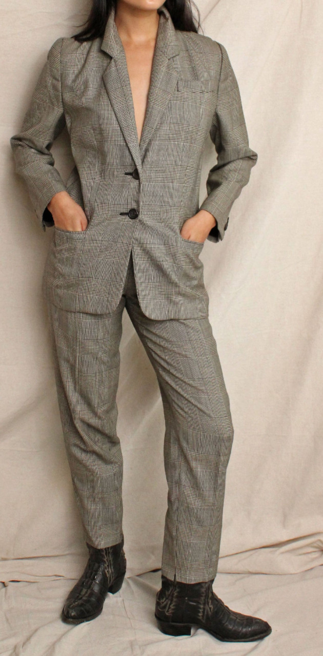 Loewe vintage 1970s houndstooth check suit ensemble jacket trousers grey plaid