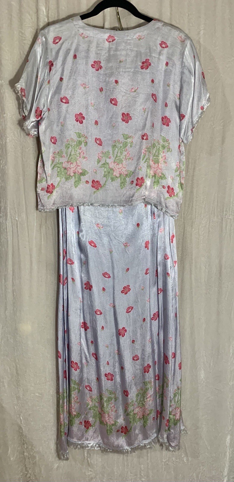 April Cornell Top And Skirt Set Blue And Pink Satin Flowers Size L NWT