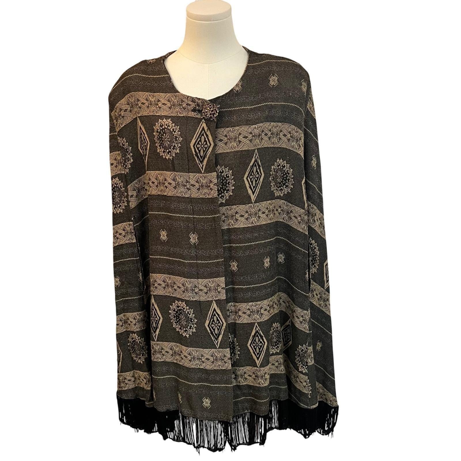 Vintage Gina K Plus Southwestern Fringe Poncho Cape Boho Festival Knit OS