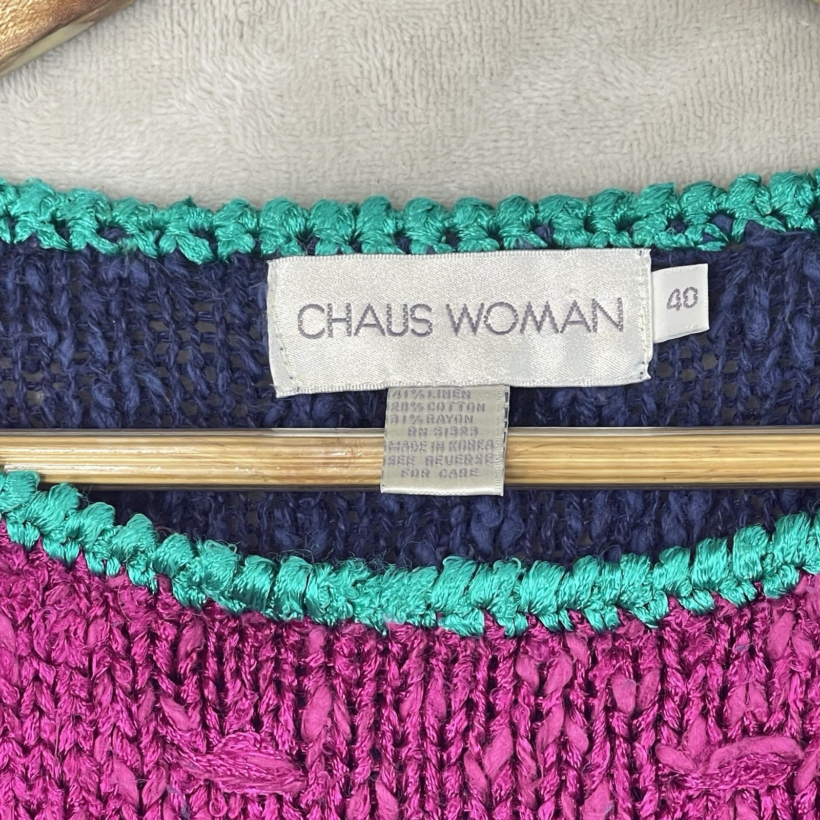 Vintage Chaus Womens Linen Cotton Knit Vest Sweater XL 80s Maximalism Colorblock