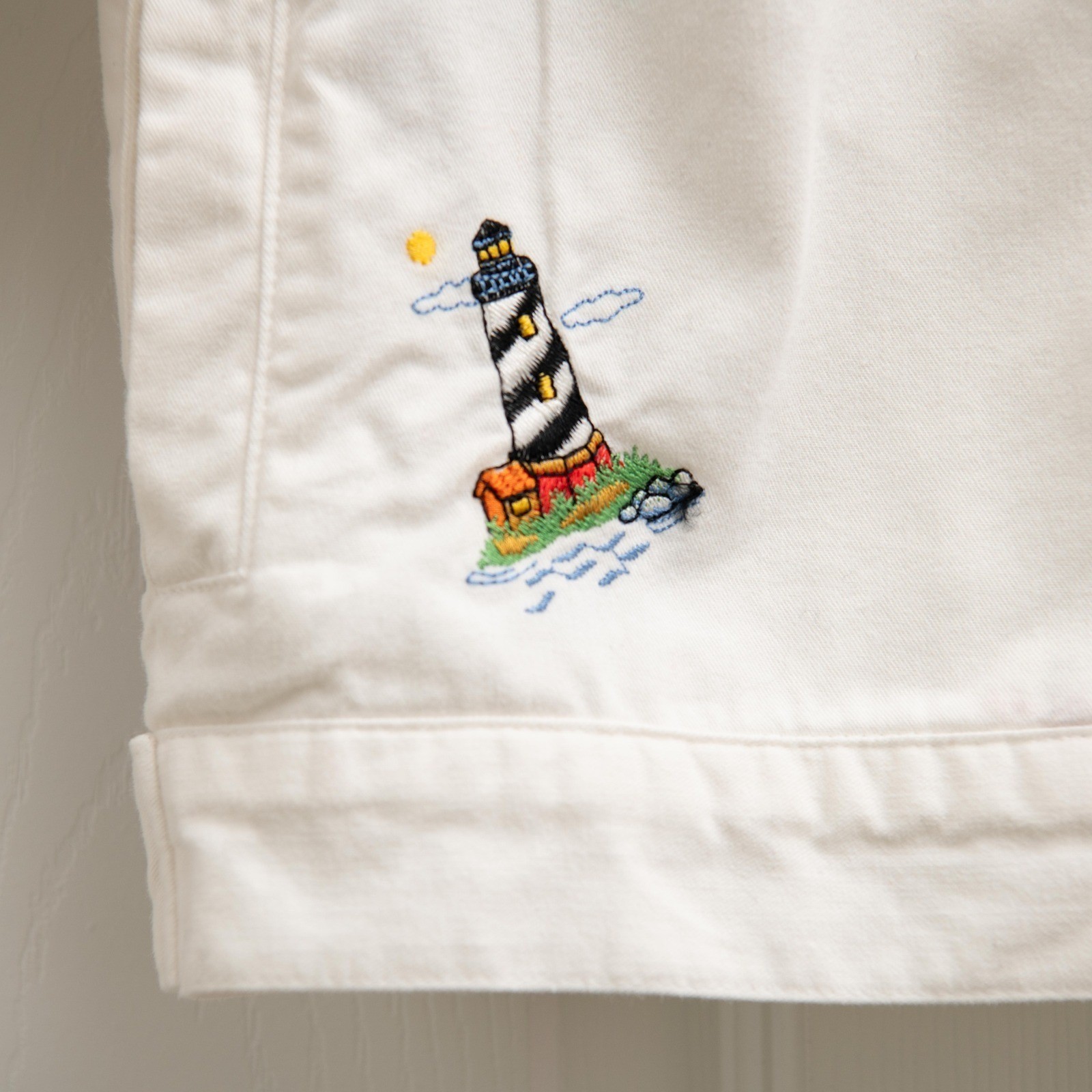 VTG 90s White Denim Embroidered Jacket Casey Coleman Sz S Lighthouse CottageCore