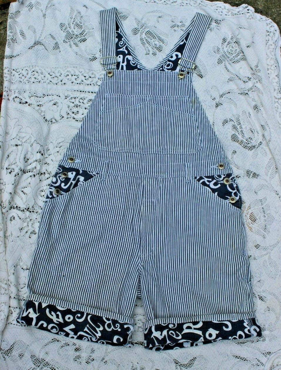 Vintage 1990’s Mixit Women’s Hickory Stripe w Alphabet Contrast Overalls Shorts