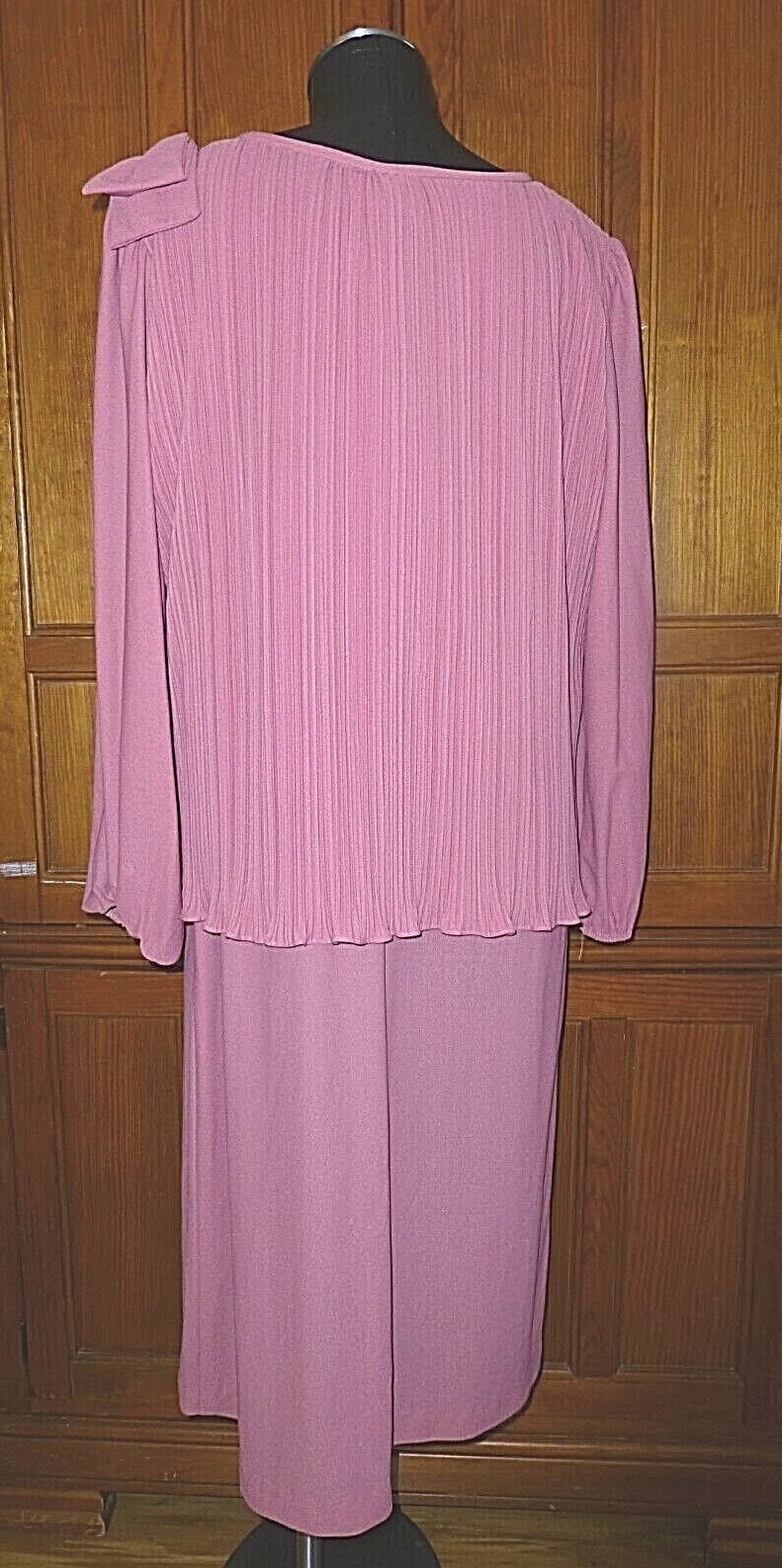 VTG 70s Micro Pleat Mauve Rose BOW Boho Cocktail Wedding Guest DRESS L XL