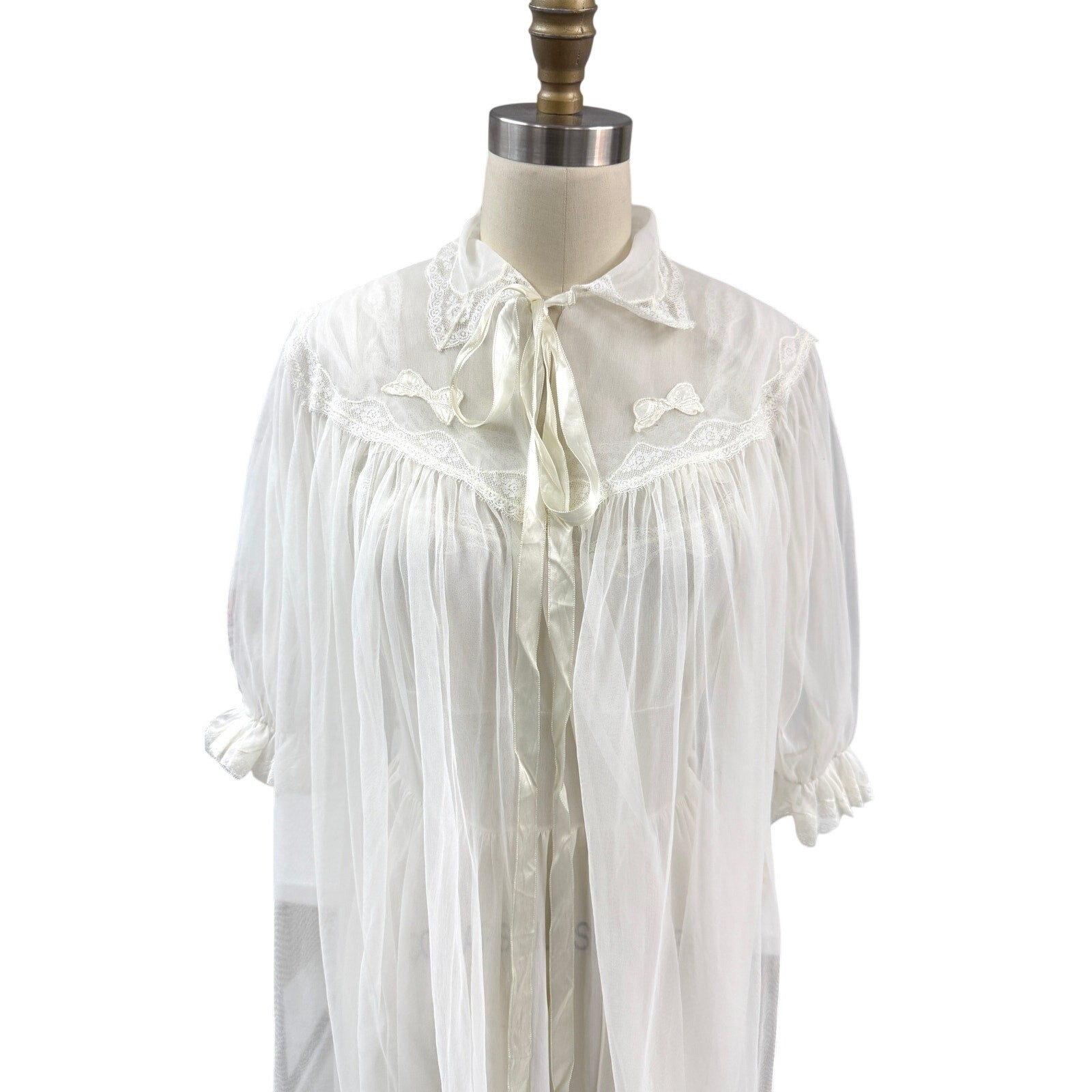 VTG 50s MCM Carillon Sheer Nylon Chiffon Nightgown_Robe White Bridal 36 Small