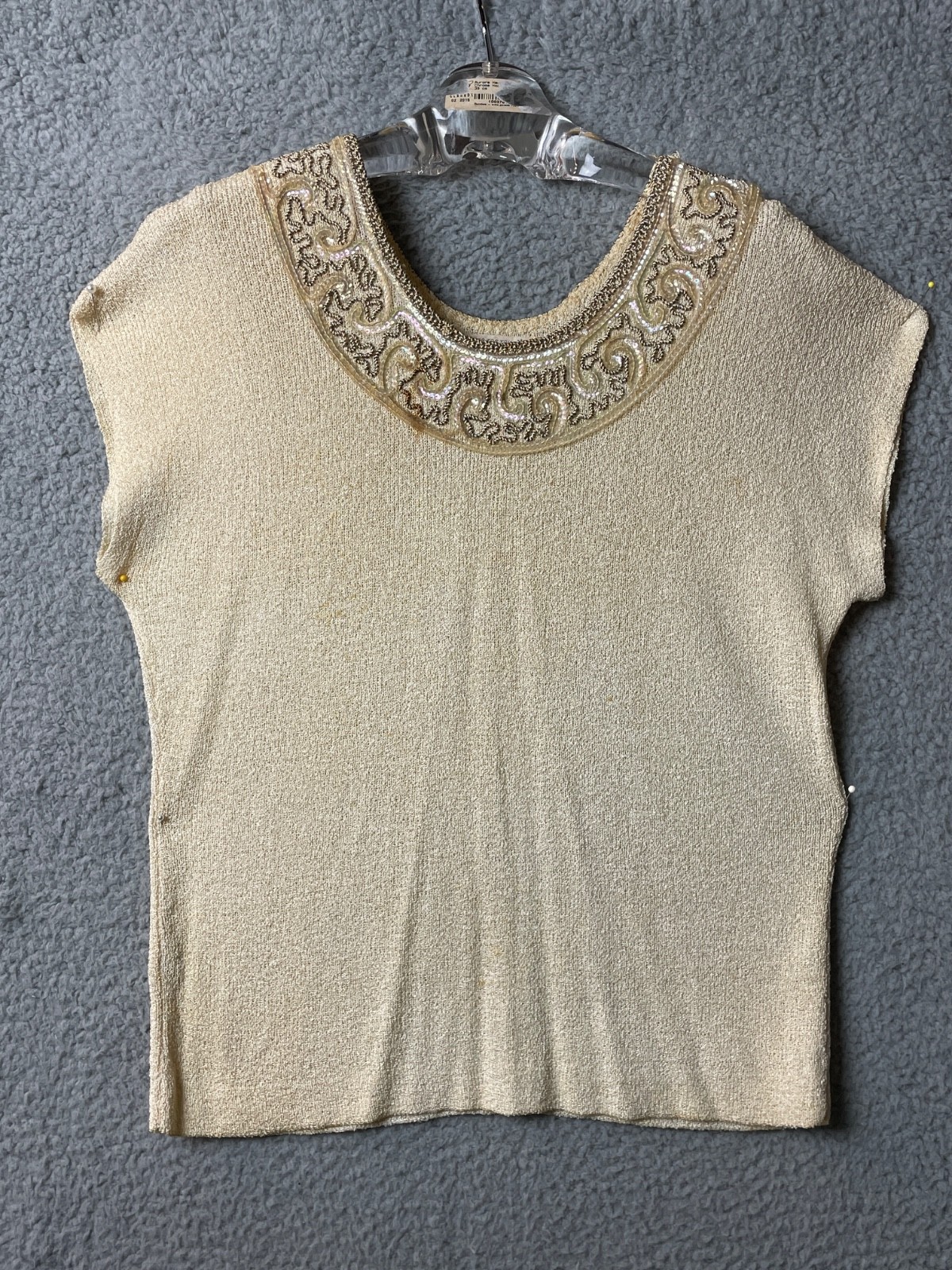 VTG Iconic Cream Sweater Top Womens M Taupe Sequins Beads Apollo New York 50s