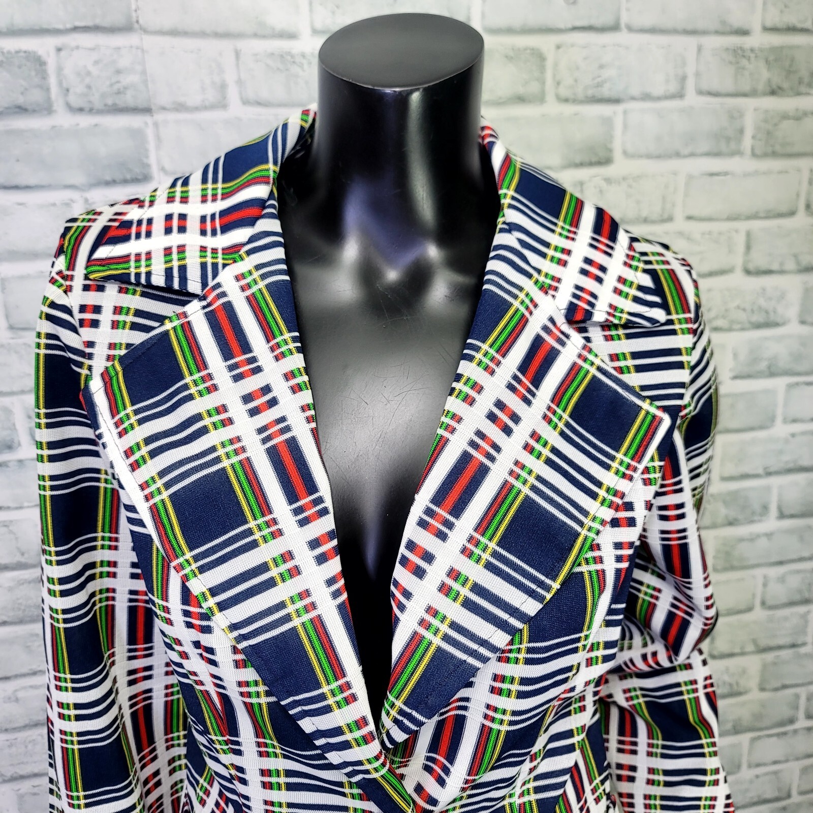 Vintage 70s Womens Colorful Plaid Double Knit Polyester Blazer Disco Career Cas