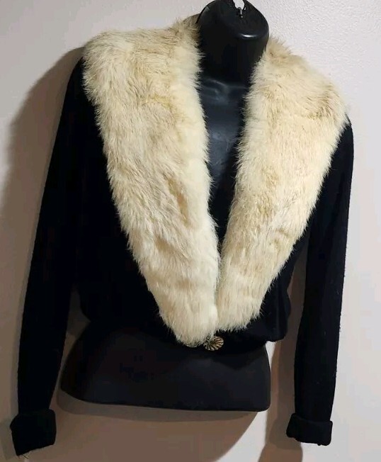 Vintage Black Orlon Sweater Mink Collar Kin Kaid Knits Turbo Interlock