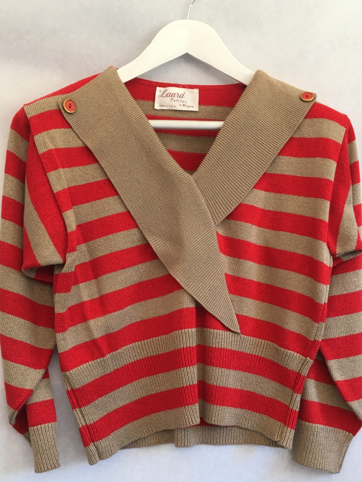 Vintage 70s Laura Petites by Alyzia Red Brown Striped Short Sleeve Sweater Knit