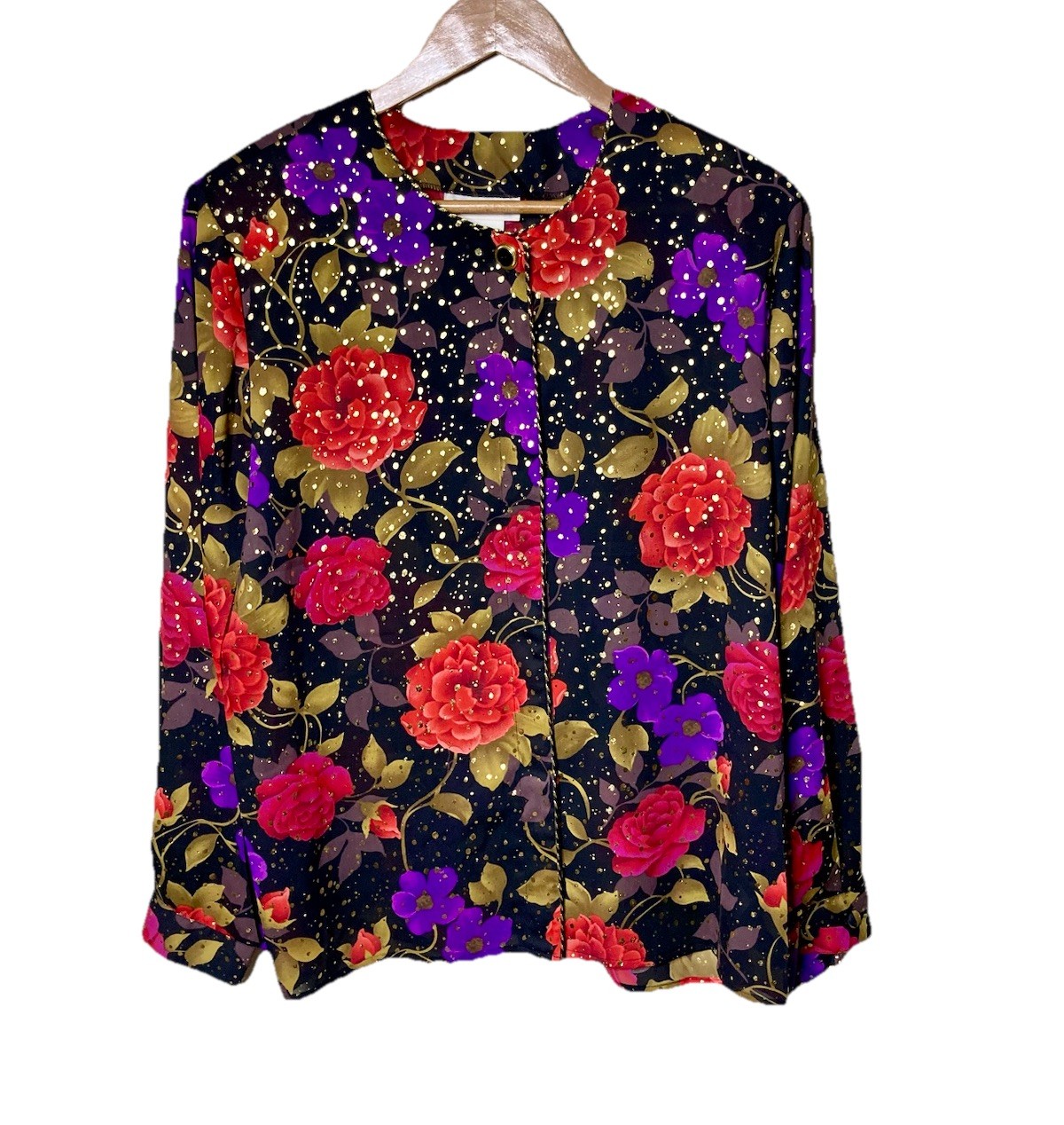 VTG 90s Christie & Jill Ladies Top Mature Floral & Metallic Gold Chiffon Size 16