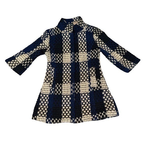 VINTAGE Handmade Korean Textured Weave Coat Navy Blue Cream Plaid A-Line | Sz M