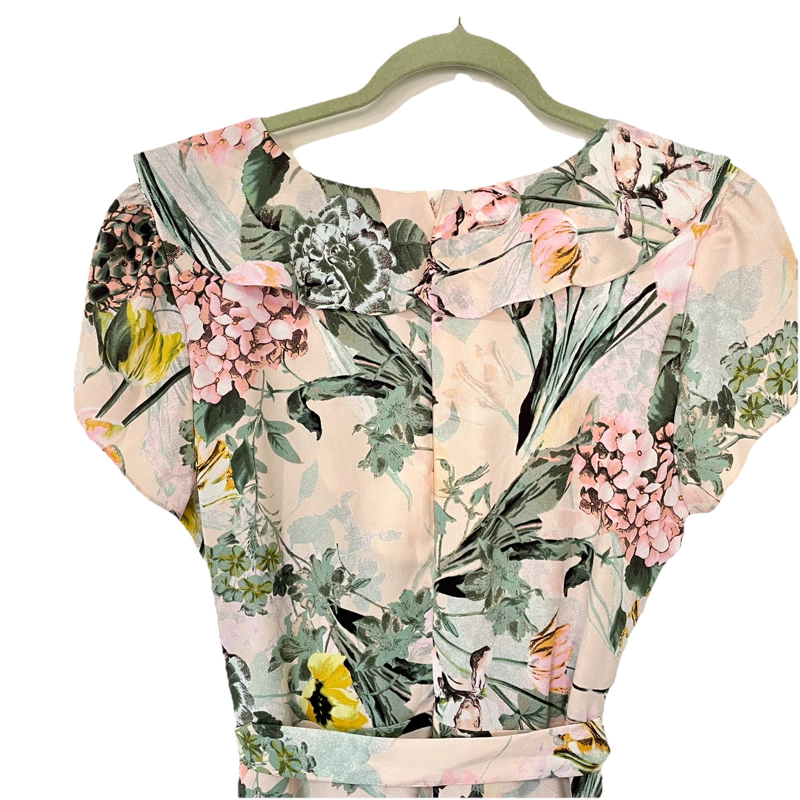 DN Design Dress 14 Ruffle V Neck 90s Floral Blush Hi Low Cottage Garden Feminine