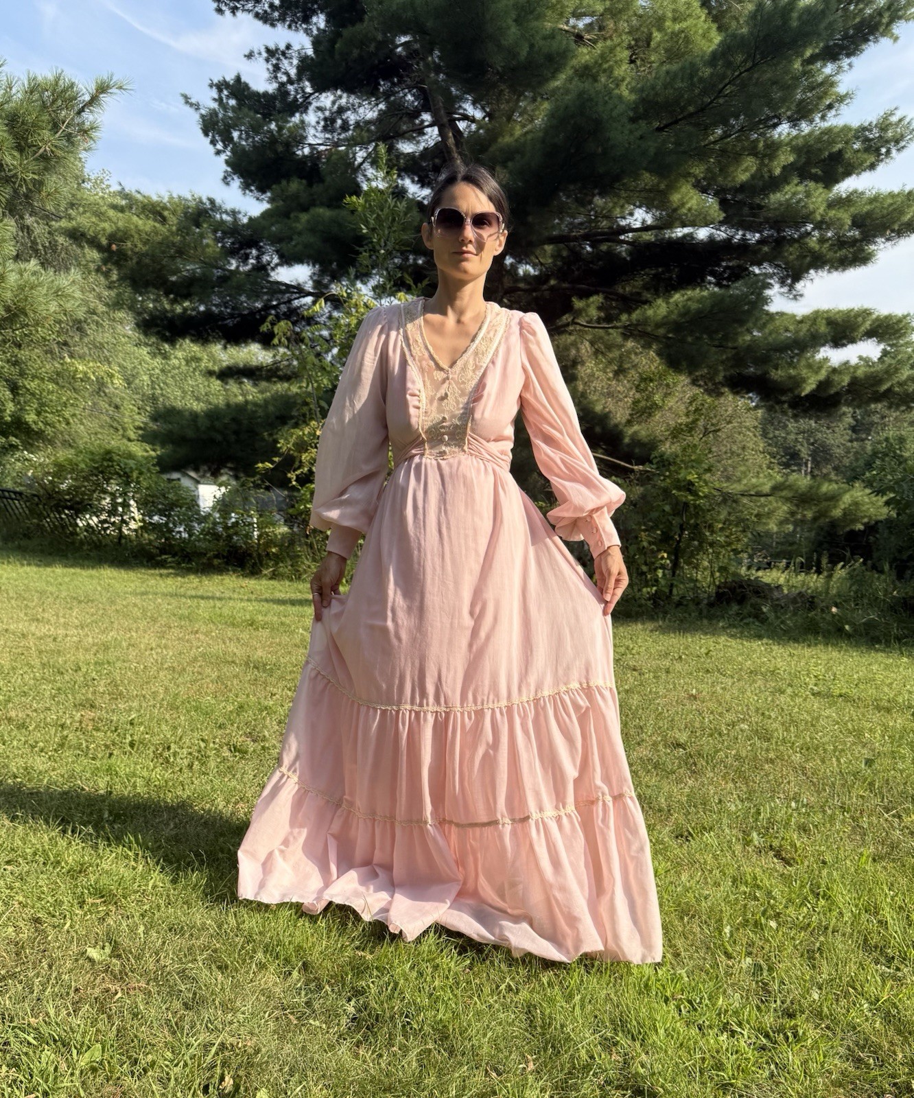 Vintage 70s Jody T Pink Prairie Maxi Dress Cottagecore Boho Fairy Size 13