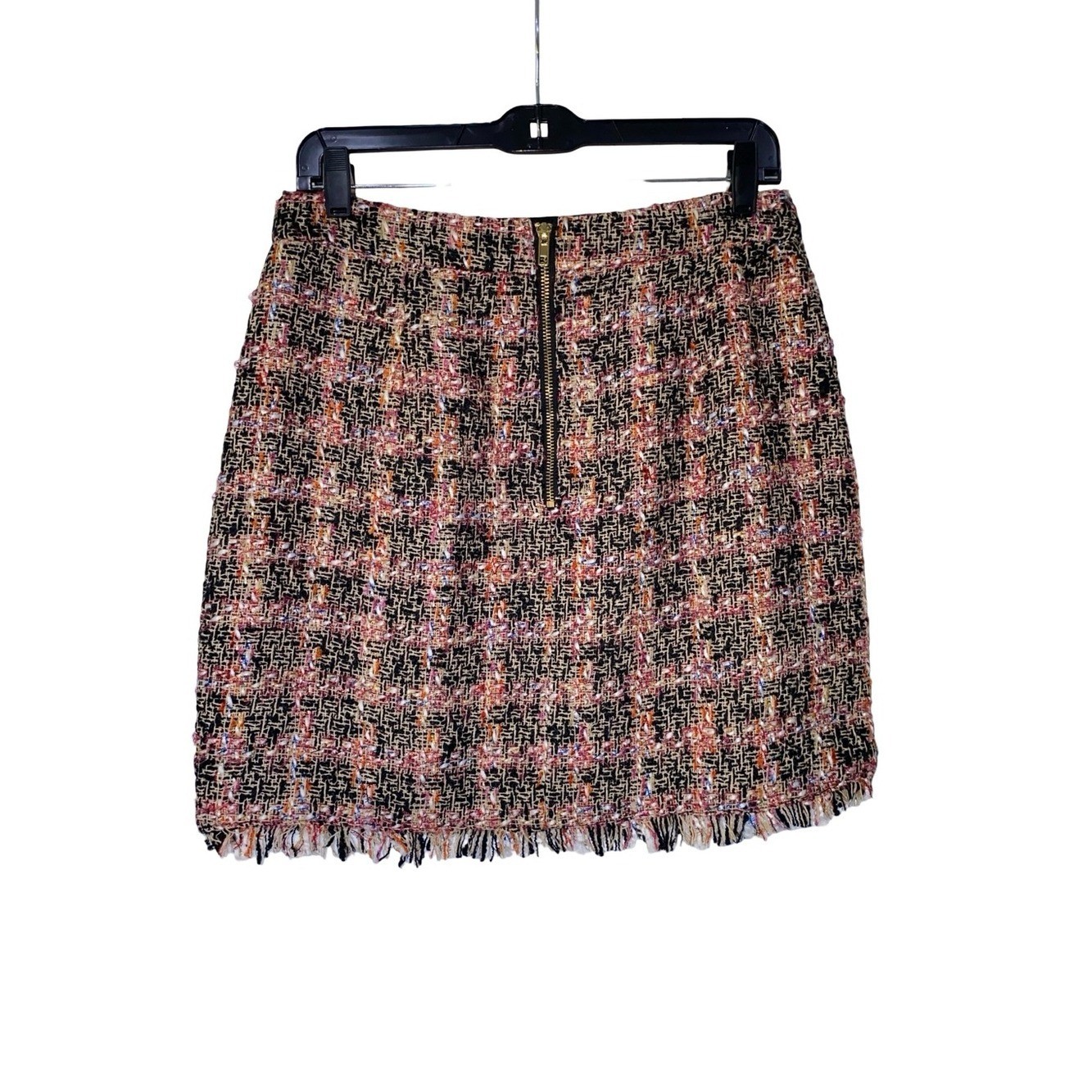 Walter Baker Tweed Mini Skirt Fringed Hem Gold Buttons Pink Black Cream Size M⁠
