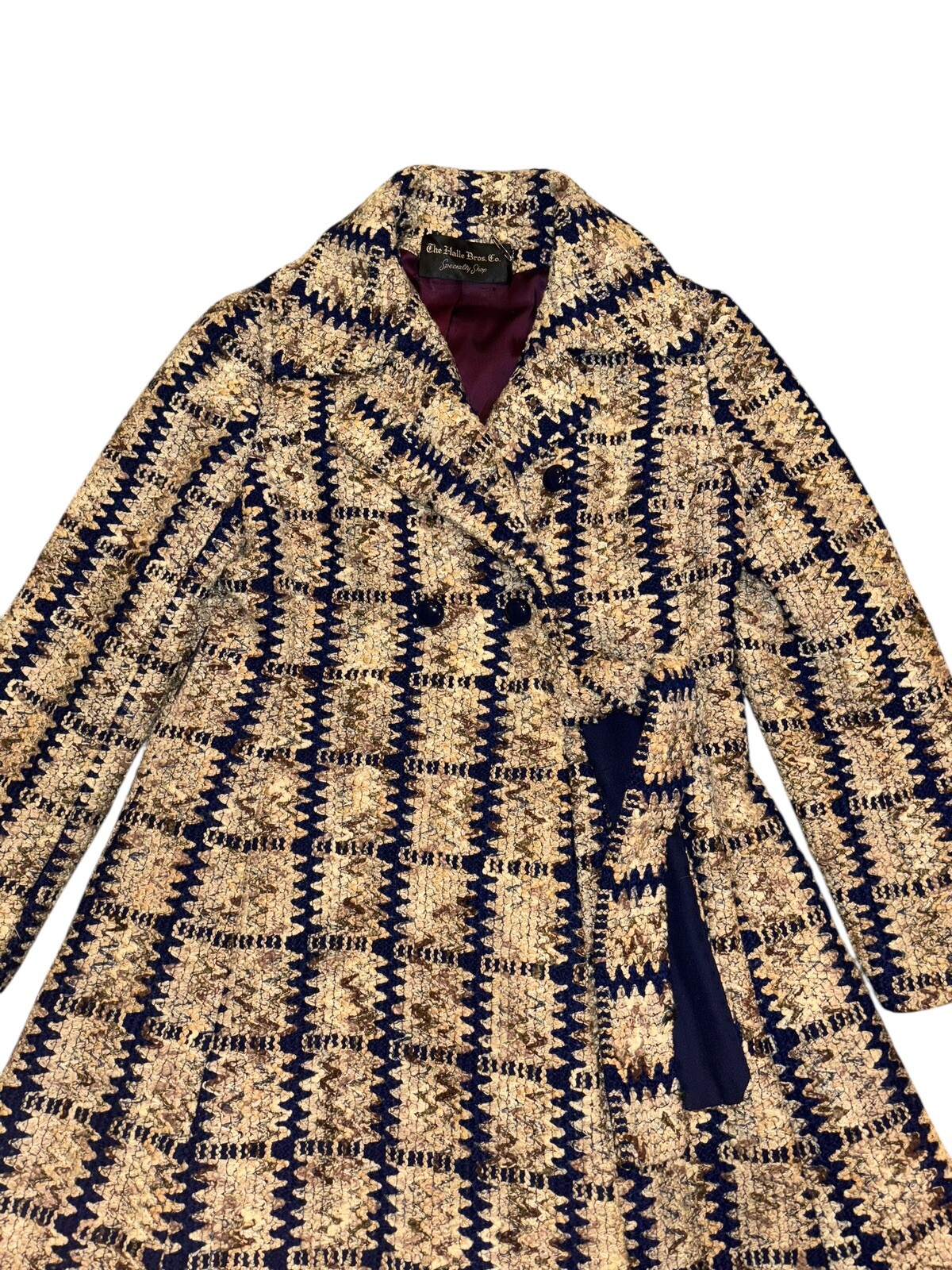 VTG Davidow Tan Blue Brown Chunky Tweed Coat Halle Bro Union Made Women’s Sz M/L