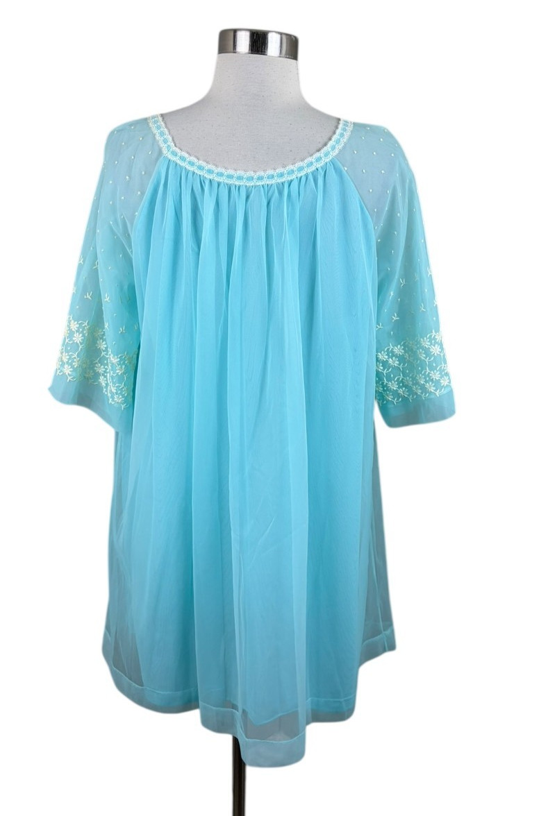 Vintage Godfried Blue Embroidered Babydoll Ethereal Nightgown Union Made Size M