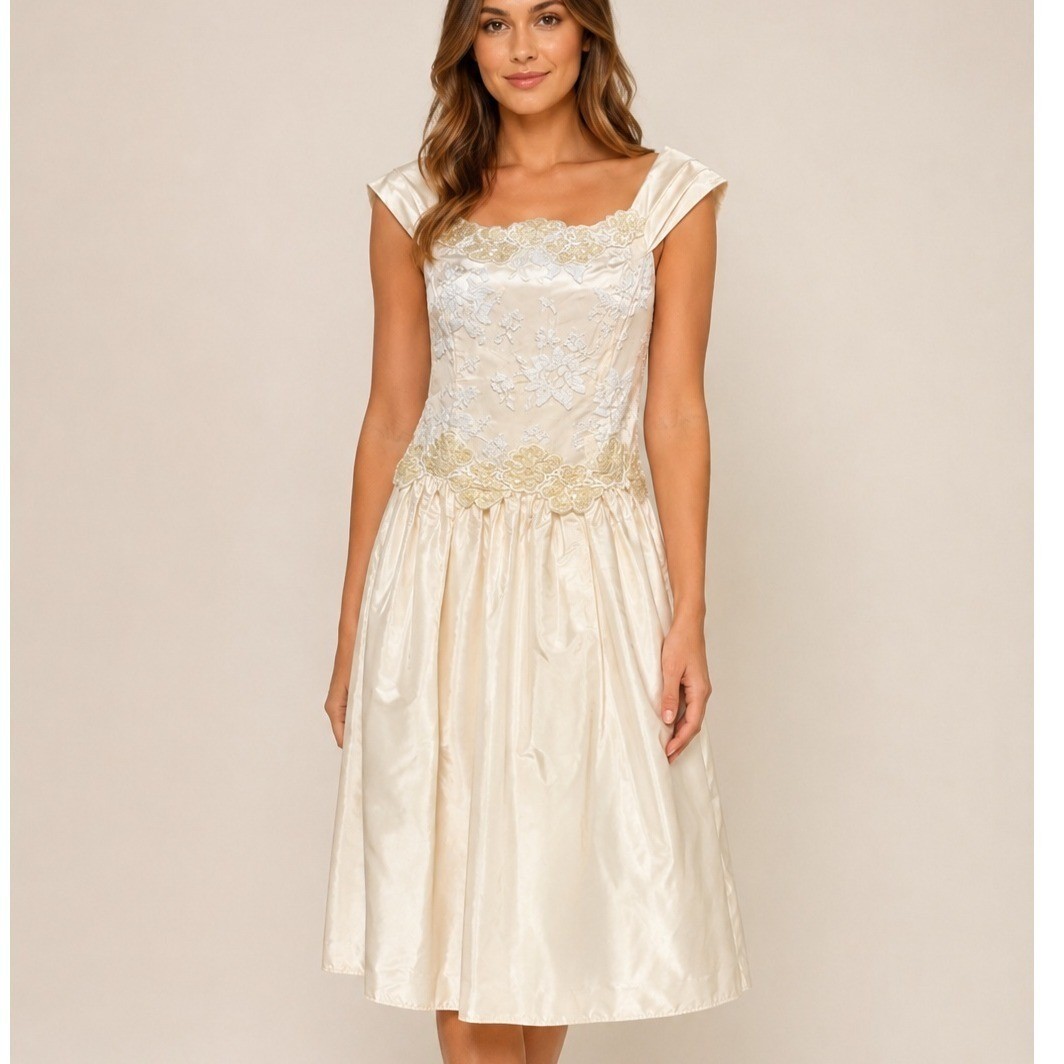 Vintage Scott McClintock Champagne Embroidered Satin Bow Back Party Dress Size 8