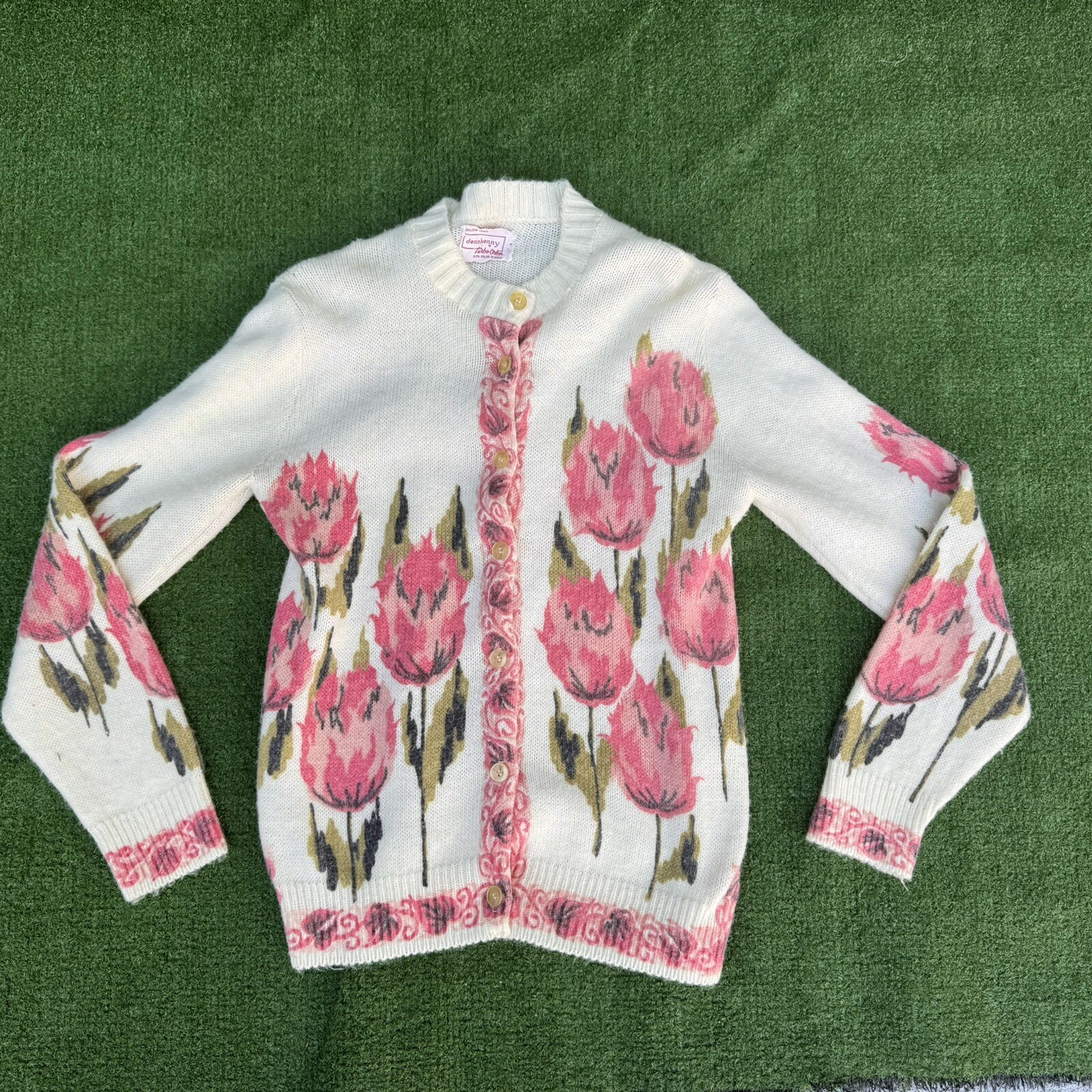 Vintage 60s Floral Cardigan Turbo Orlon Acrylic Donnkenny sz med Cottage Core