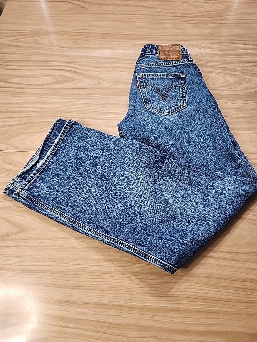 Vintage Levis With Big E Leather Patch Acid Wash Blue Low Loose Sz 26×32 Frayed