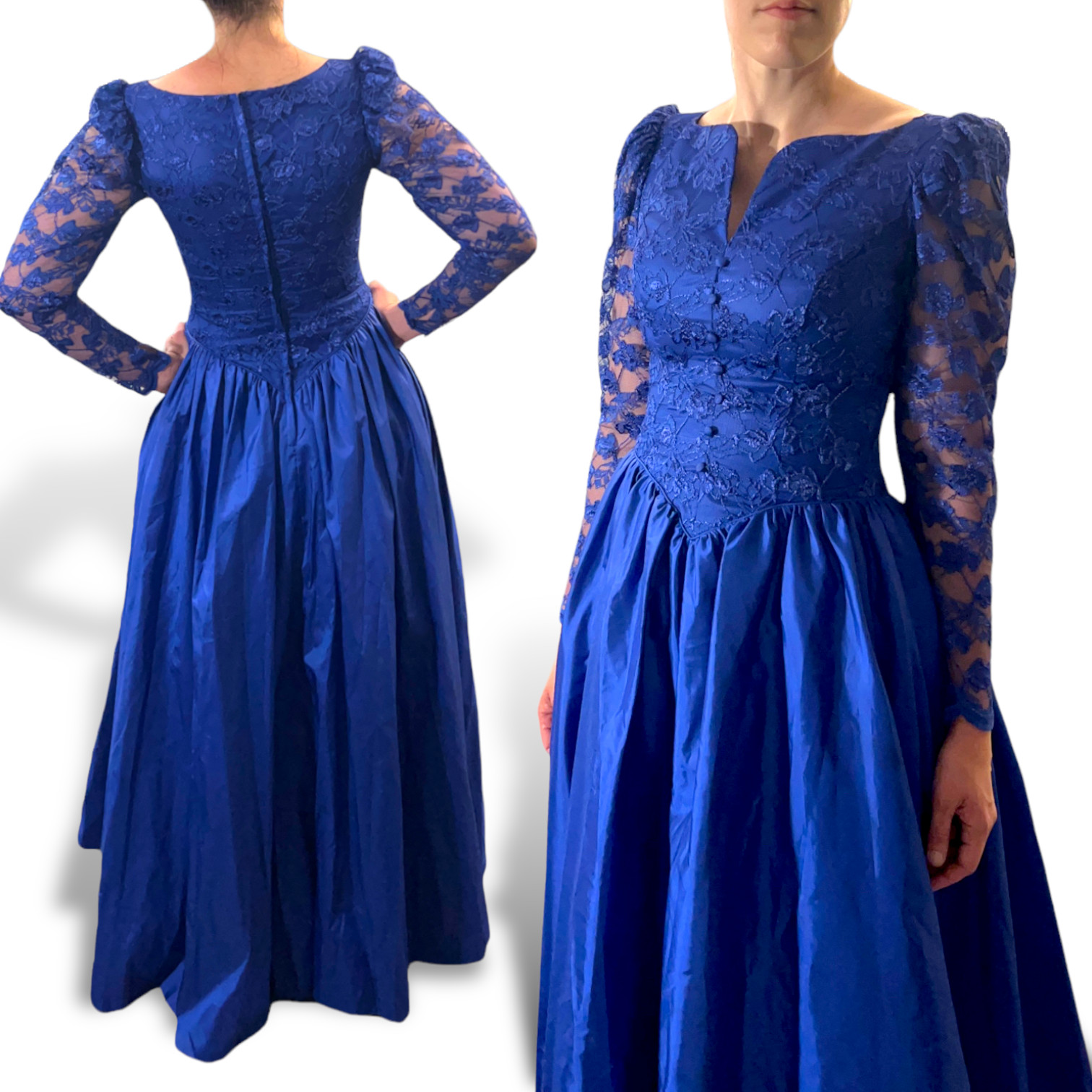 Vintage Blue Lace Long Dress Puff Sleeve Full Skirt Princess Fairy Ball Gown 70s