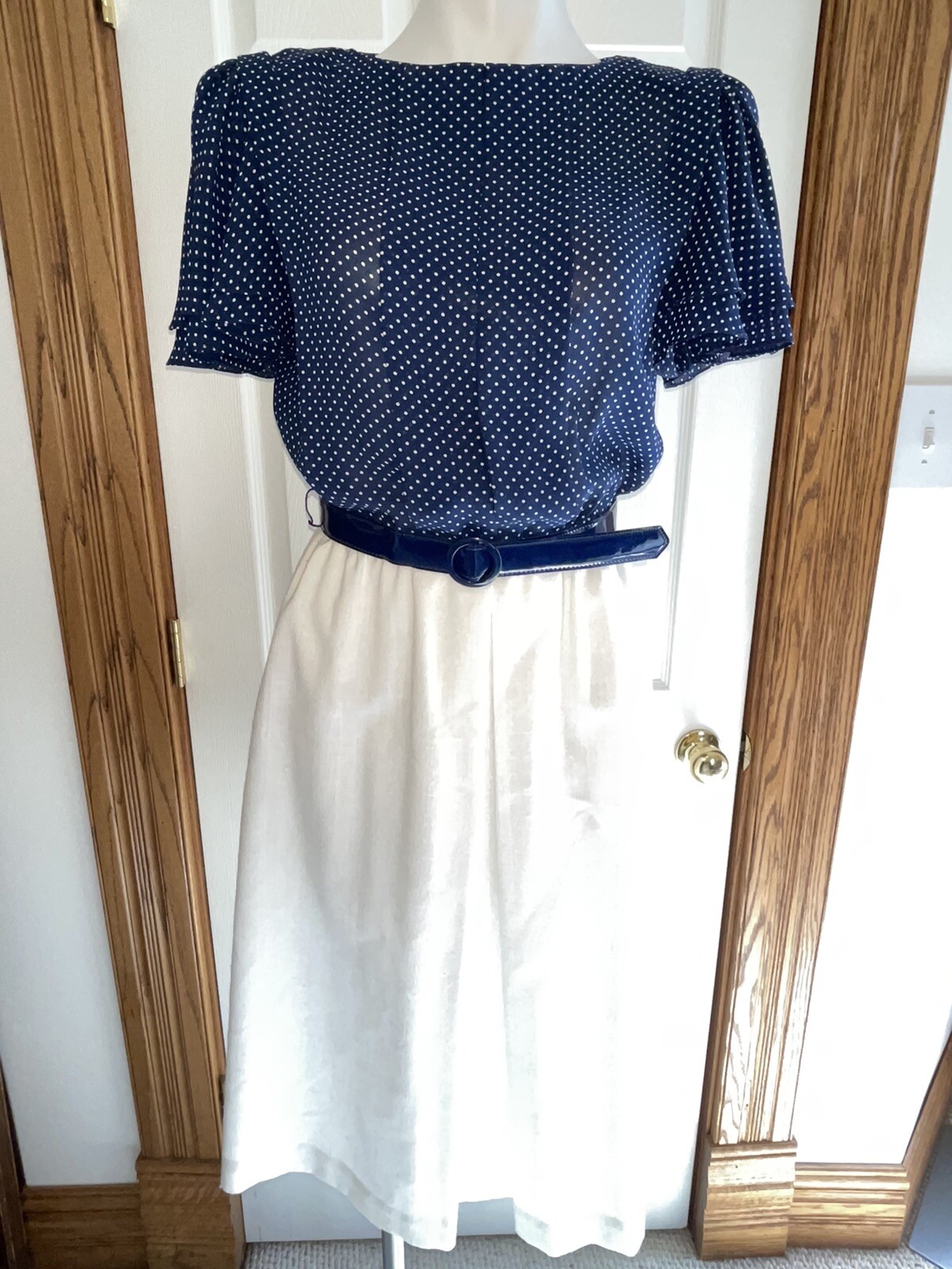 Vintage Checkaberry Women’s Dress White Linen Polka Dot Secretary 10 Union Made