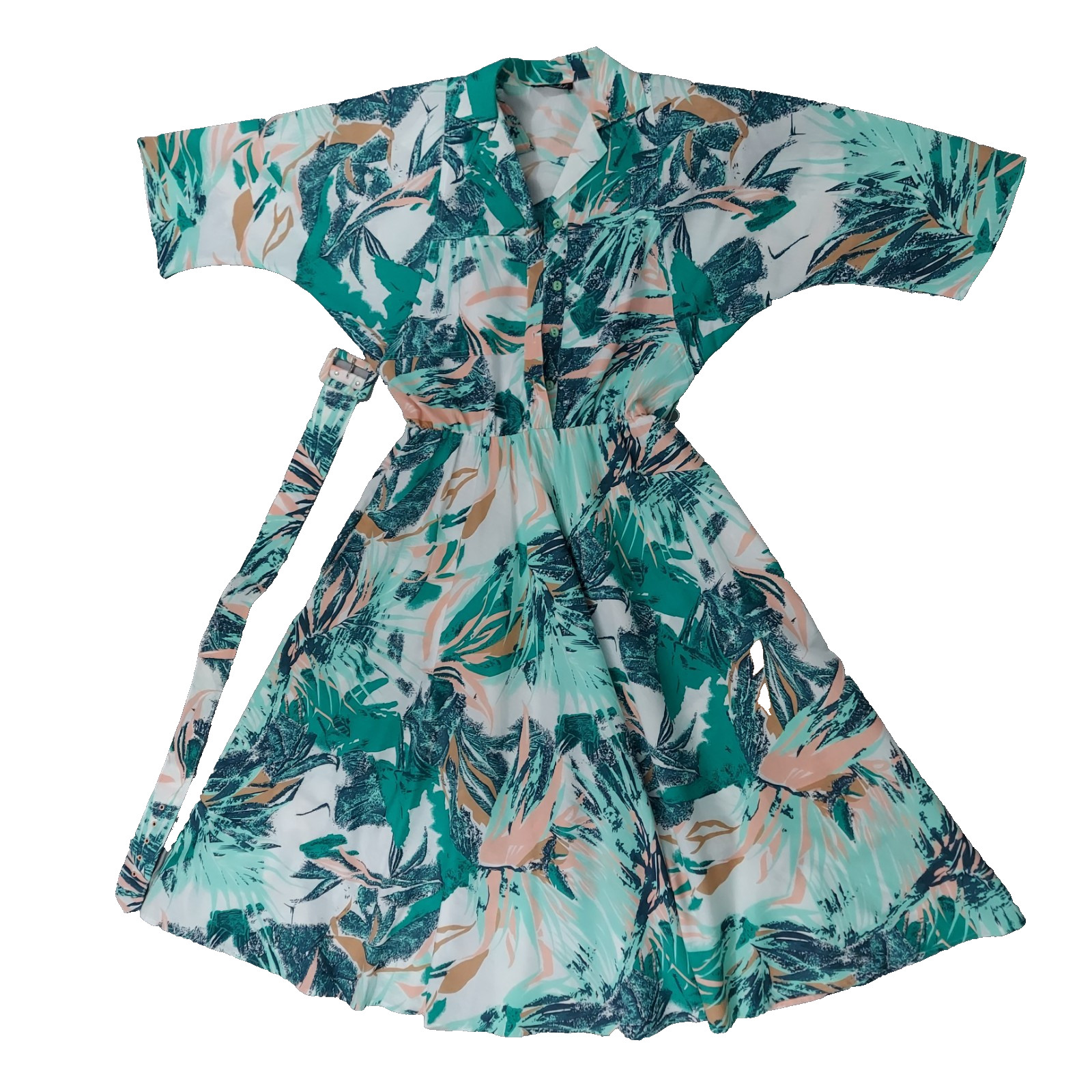 Vintage 80s Caliche Abstract Shirt Dress Belted Teal Button Front Midi Sz 8