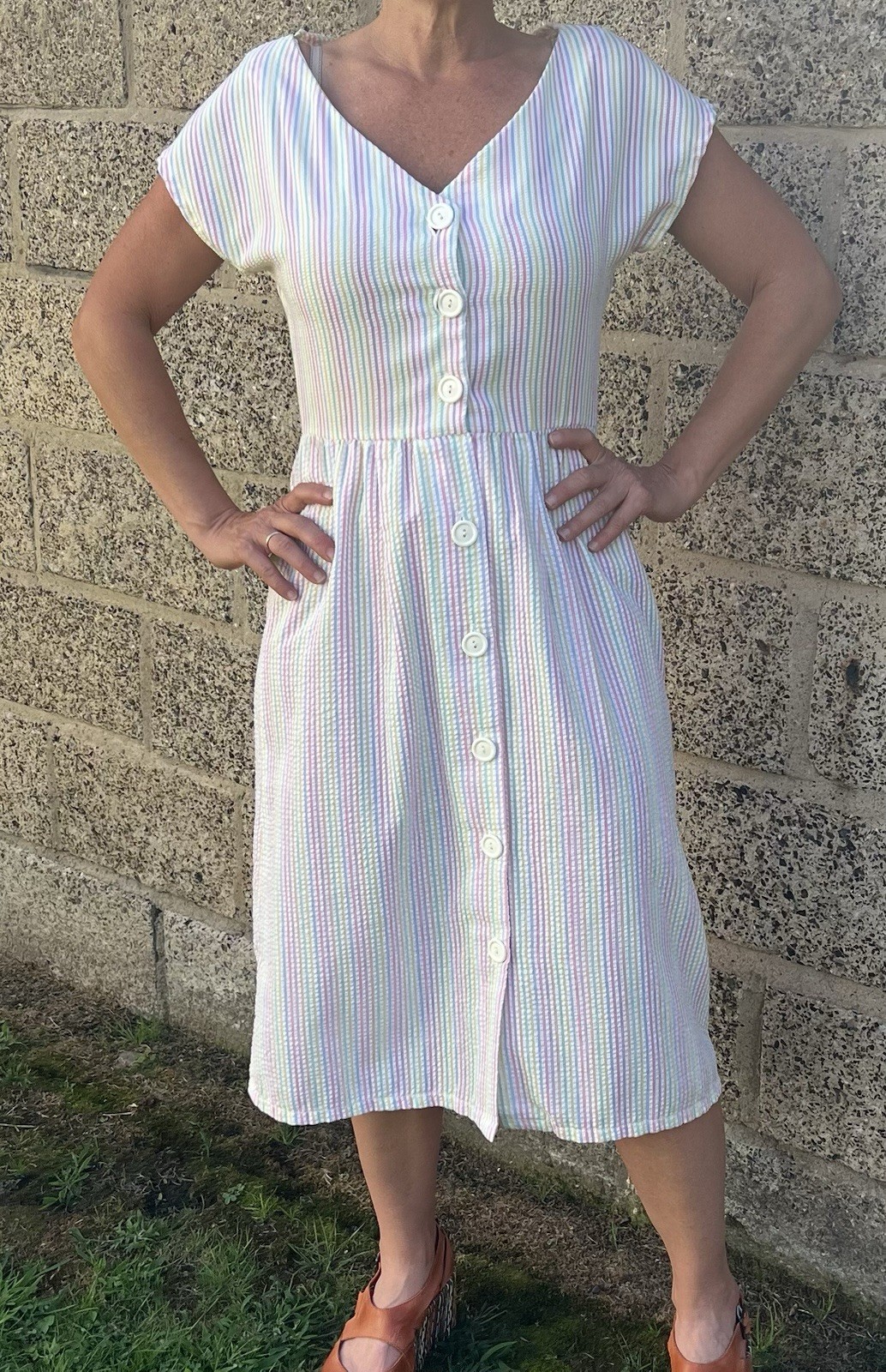 Vintage Pastel Rainbow Striped Seersucker Midi Dress Small