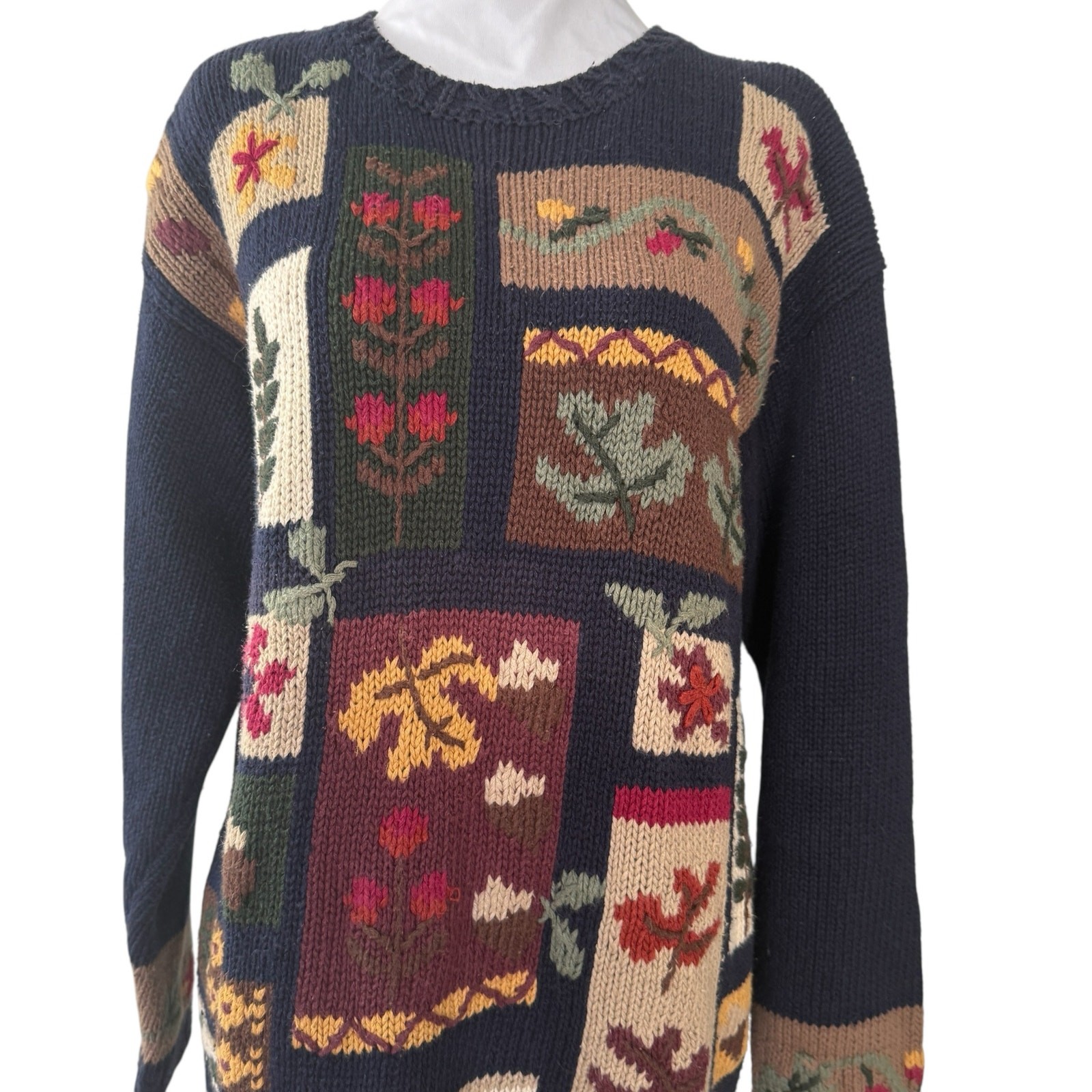 Vintage Floral Novelty Knit Floral NavyOversized Sweater M