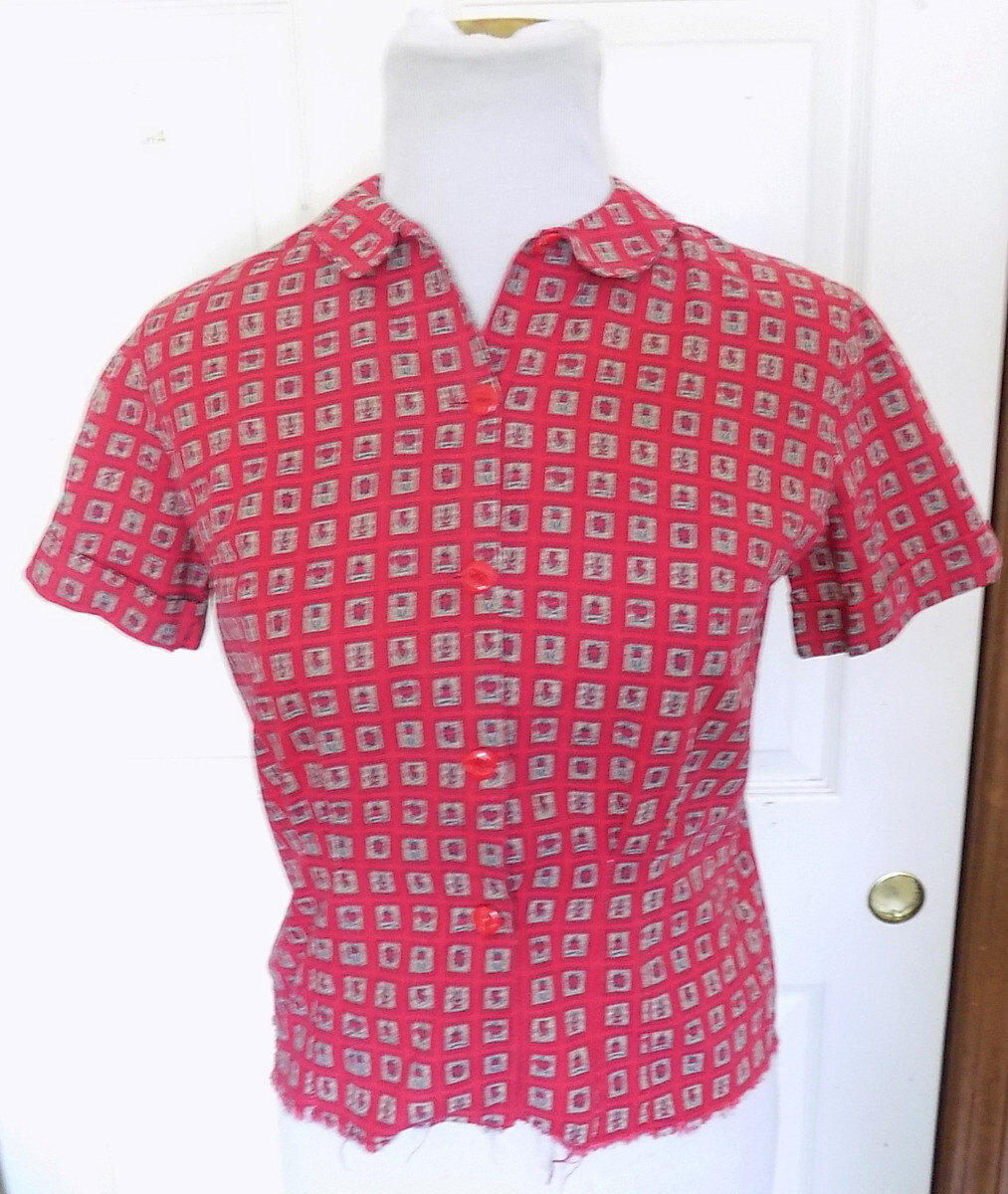 Vintage Red Gray Block Print Blouse Short Sleeved B38