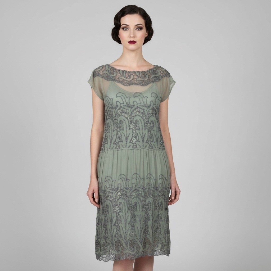 Vintage 1920s Roberts Smart Shop Grey Silk Purple Embroidered Flapper Dress XXS