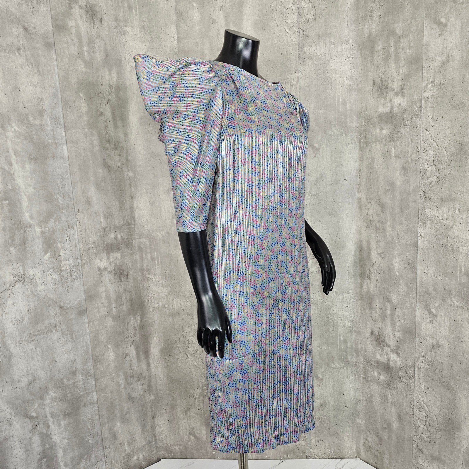 Vintage 80s Ala Carte Pleated Dress Flutter Puff Peek Shoulder Micro Floral