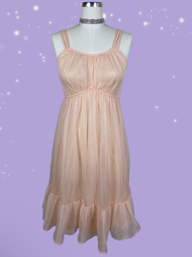 Leonora Slip Dress Nightgown Peach Pink Sheer Size Small 50s 60s Vintage Pin Up
