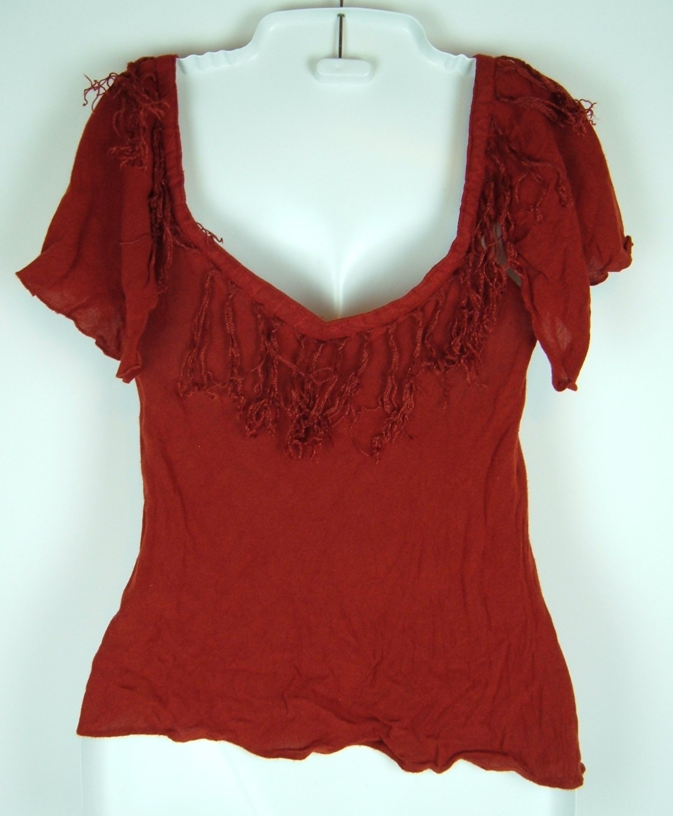 Vtg Top 70s Eletra Peasant Gauze Fringe Hippy Boho Festival S peekaboo sleeve