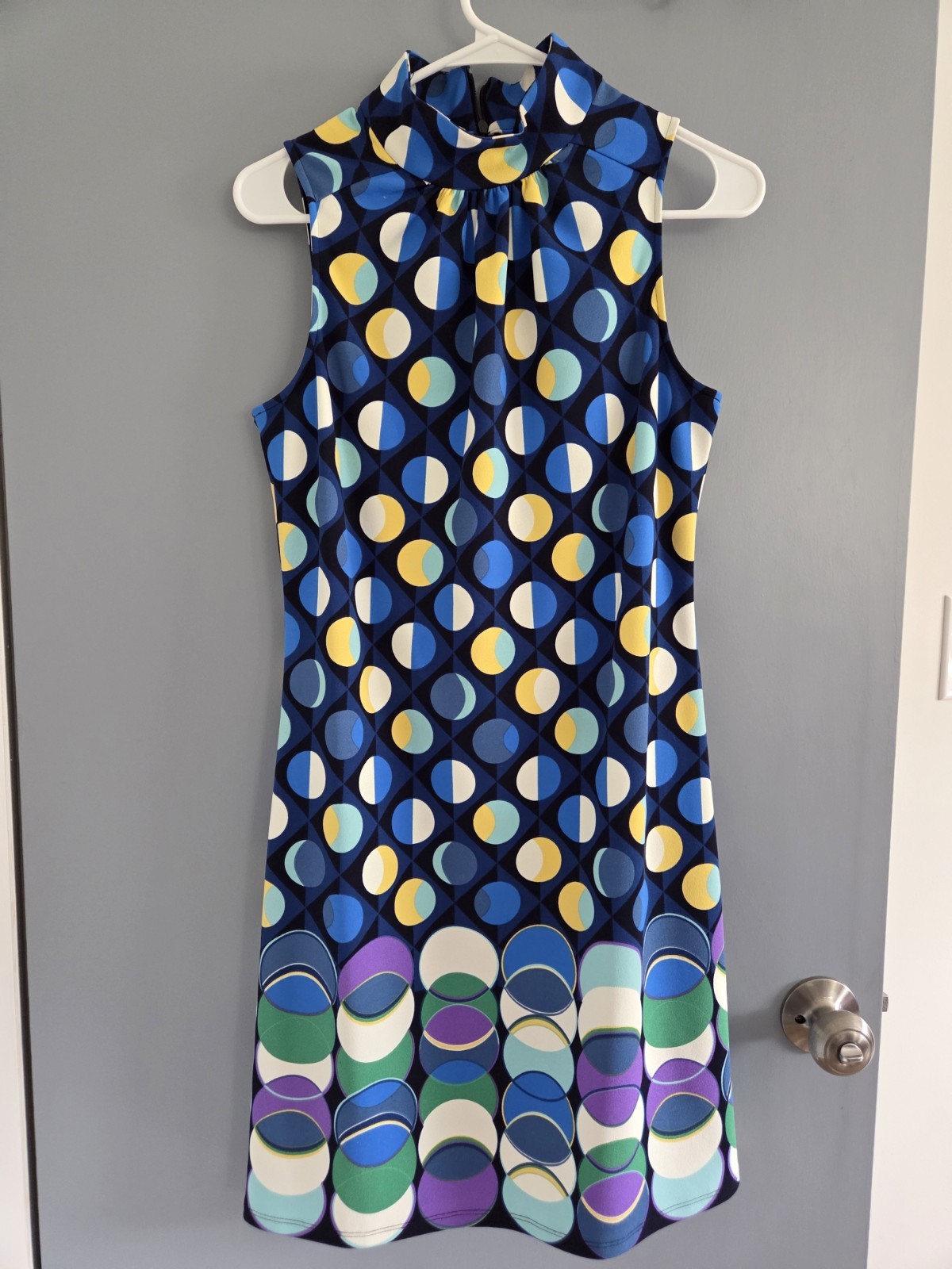 London Times Mod GoGo Shift Dress Blue Yellow Purple Geometric Pattern Size 4