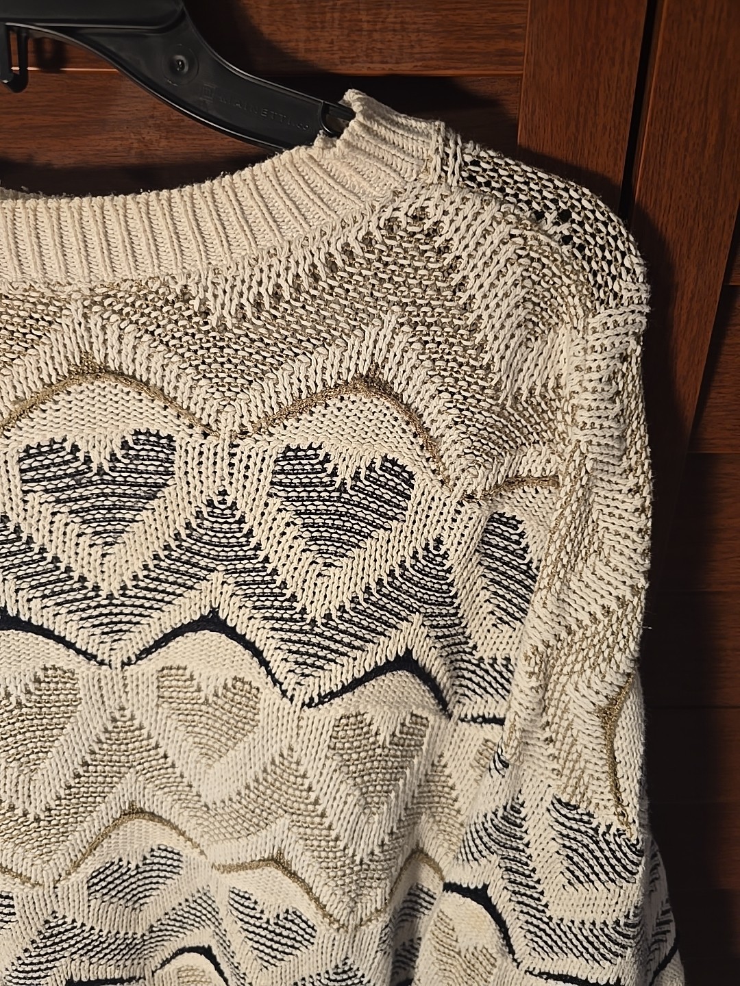 Vintage 80s Heart Knit Sweater Size XL Cream Gold & Black Distressed Pullover