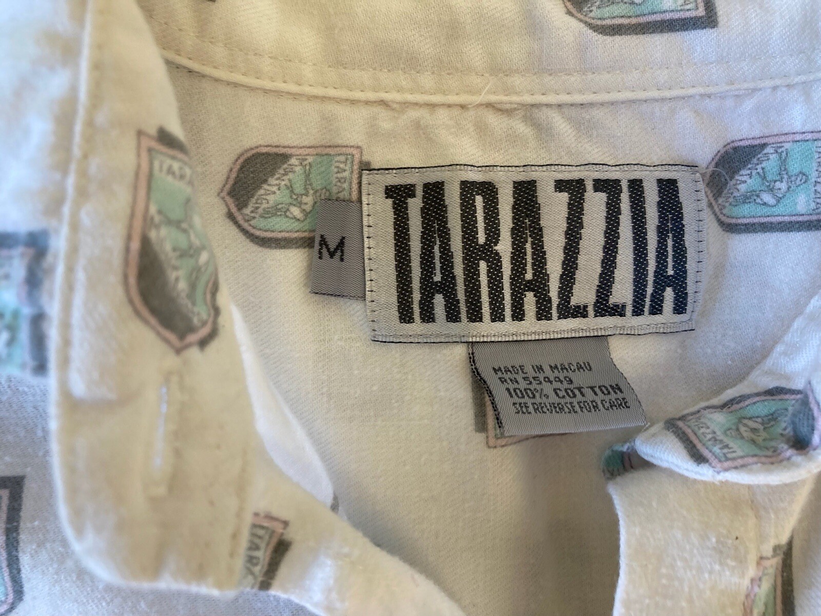 Tarazzia Button Up Shirt Women’s Size M White Gray Pink Pattern Blouse Vintage