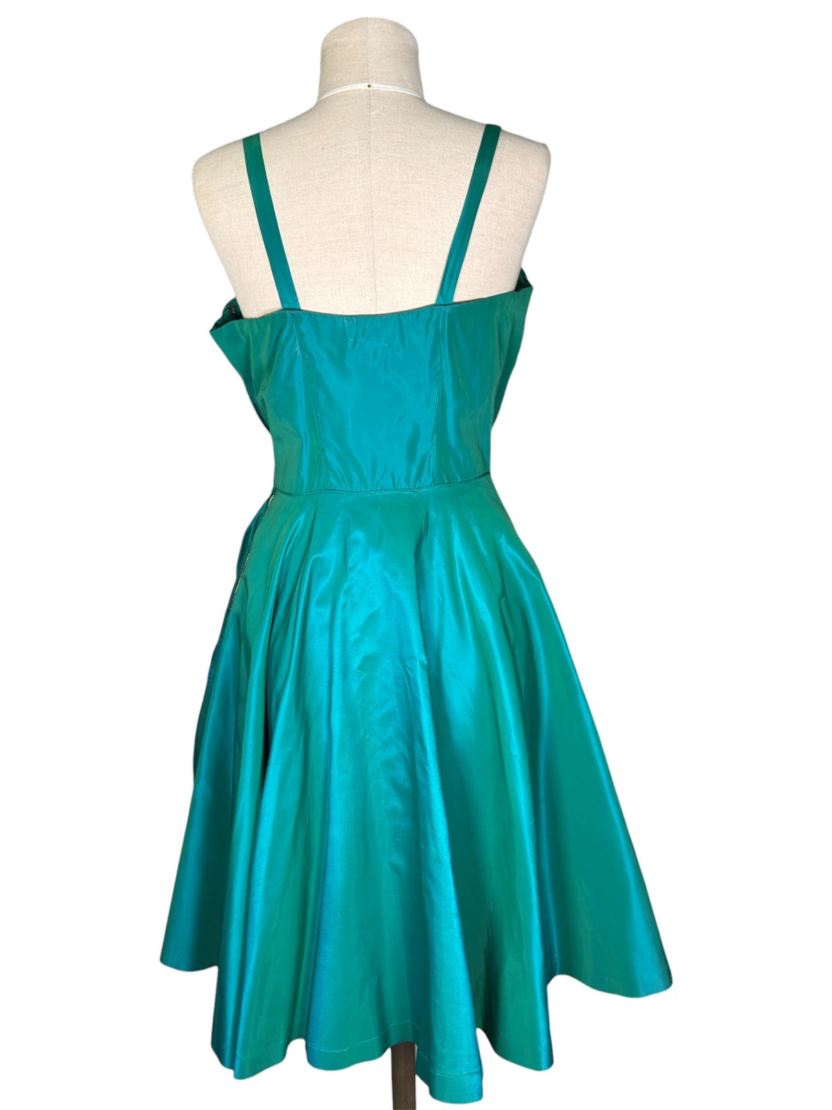 1950s Vintage Fred Perlberg Aqua Satin Cocktail Dress With Beaded Crumb Catcher