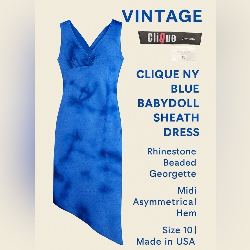 Clique USA Beaded Dress 10 [S] Asymmetric Hem Blue Rhinestones Wedding Guest