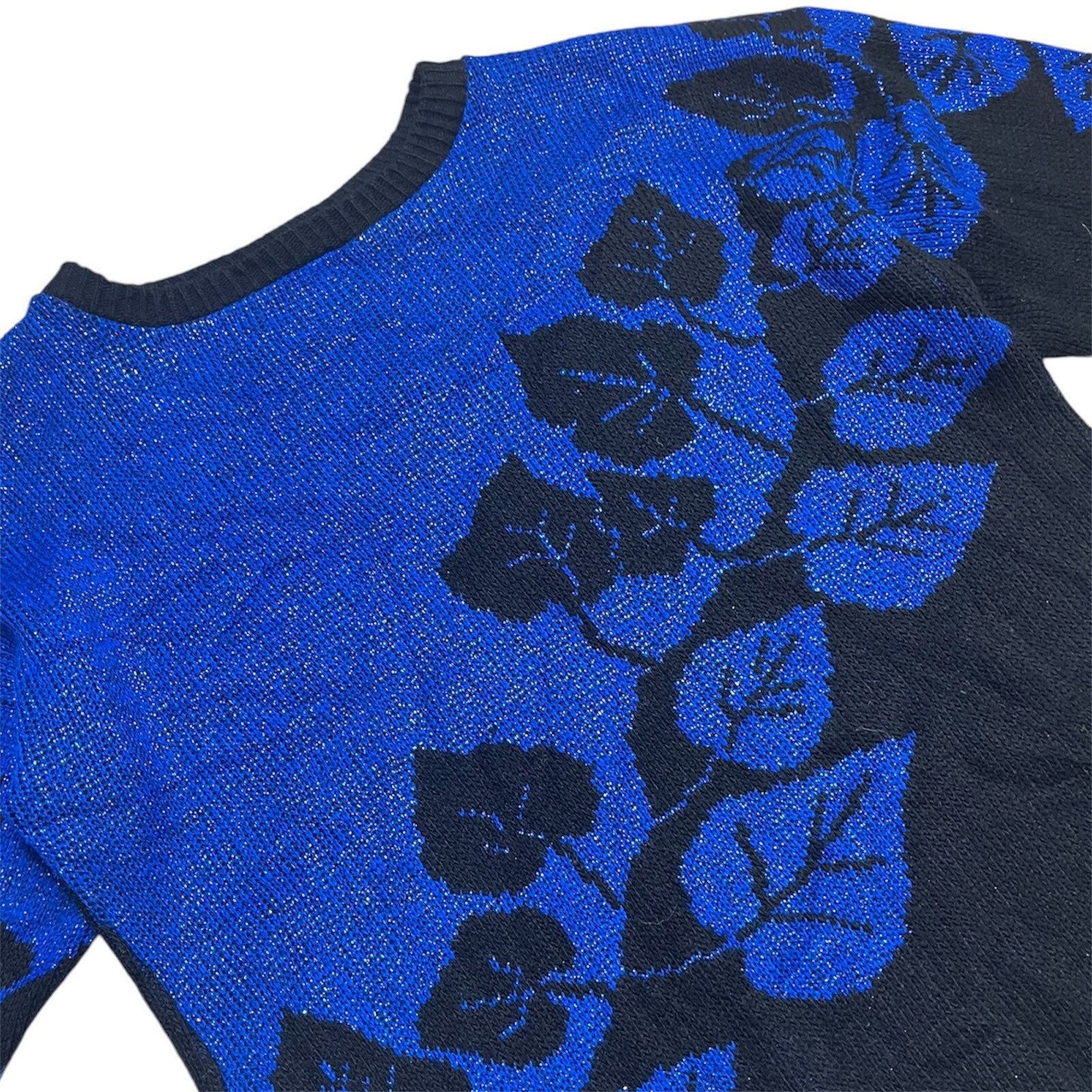 Vintage 80’s Jumper 12-14-16 M/L Blue/Black Sparkly Lurex Leaf Pattern