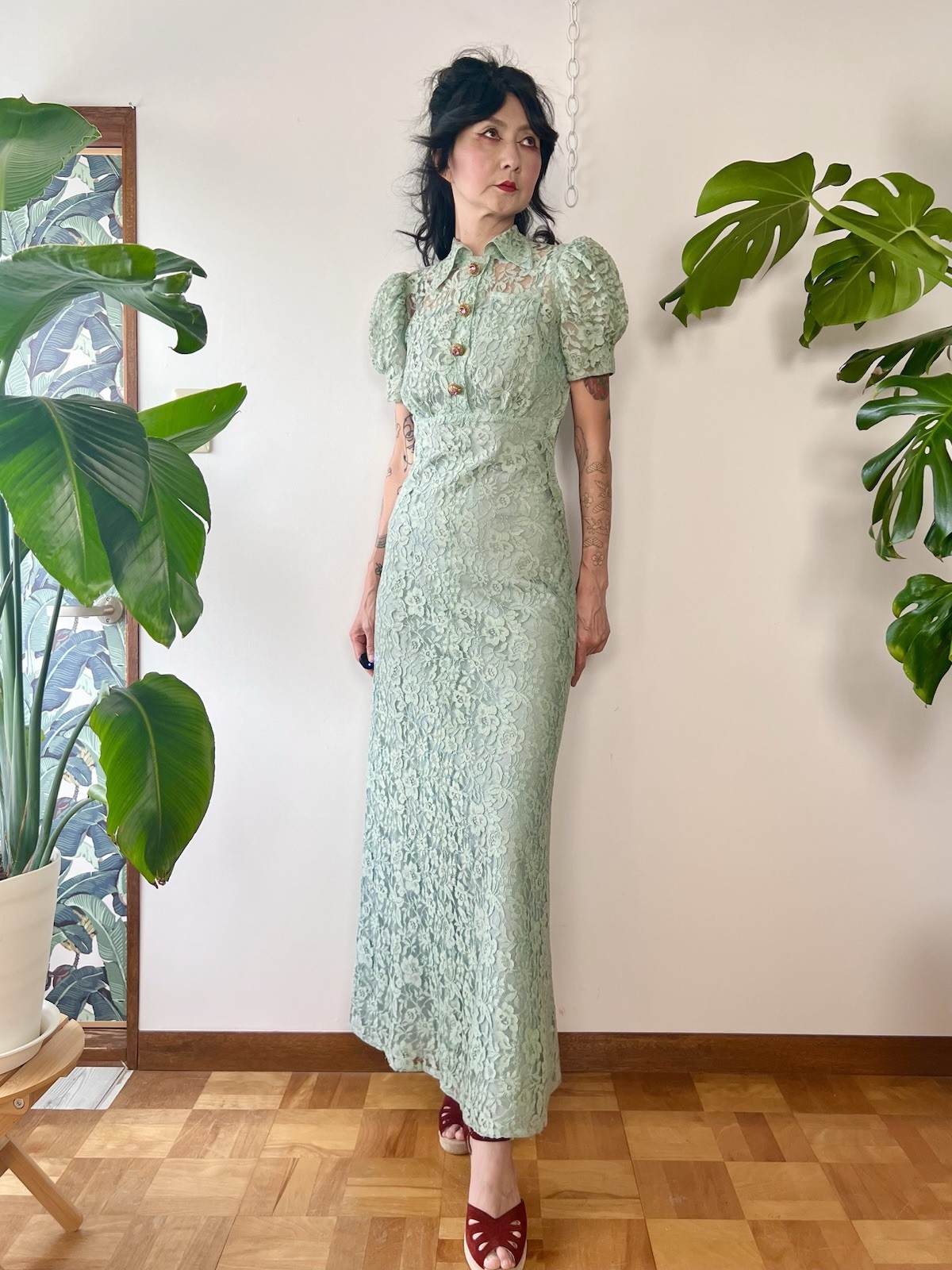 1930s Seafoam Green Floral Sheer Lace Puff Sleeves Gown Dress XS/S Old Hollywood