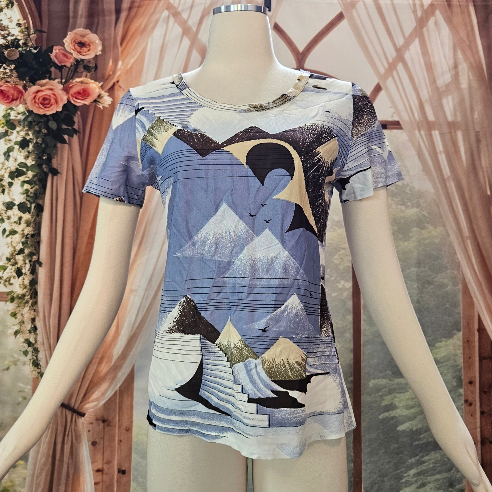 Vintage 1970s Top Shirt Merville Blue Beige Scenic Mountain Print Crew Neck
