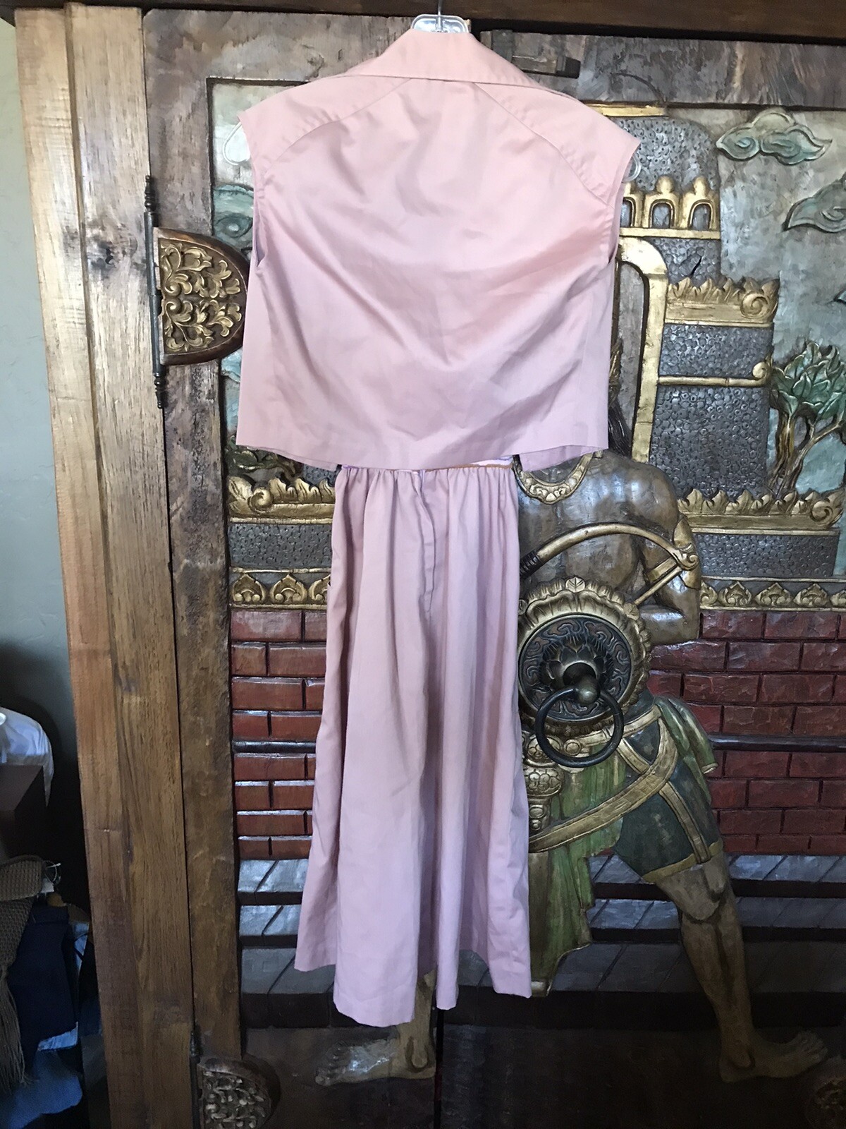 VTG 70s Jody T of Cali two piece mauve pink crop vest and striped belted dress