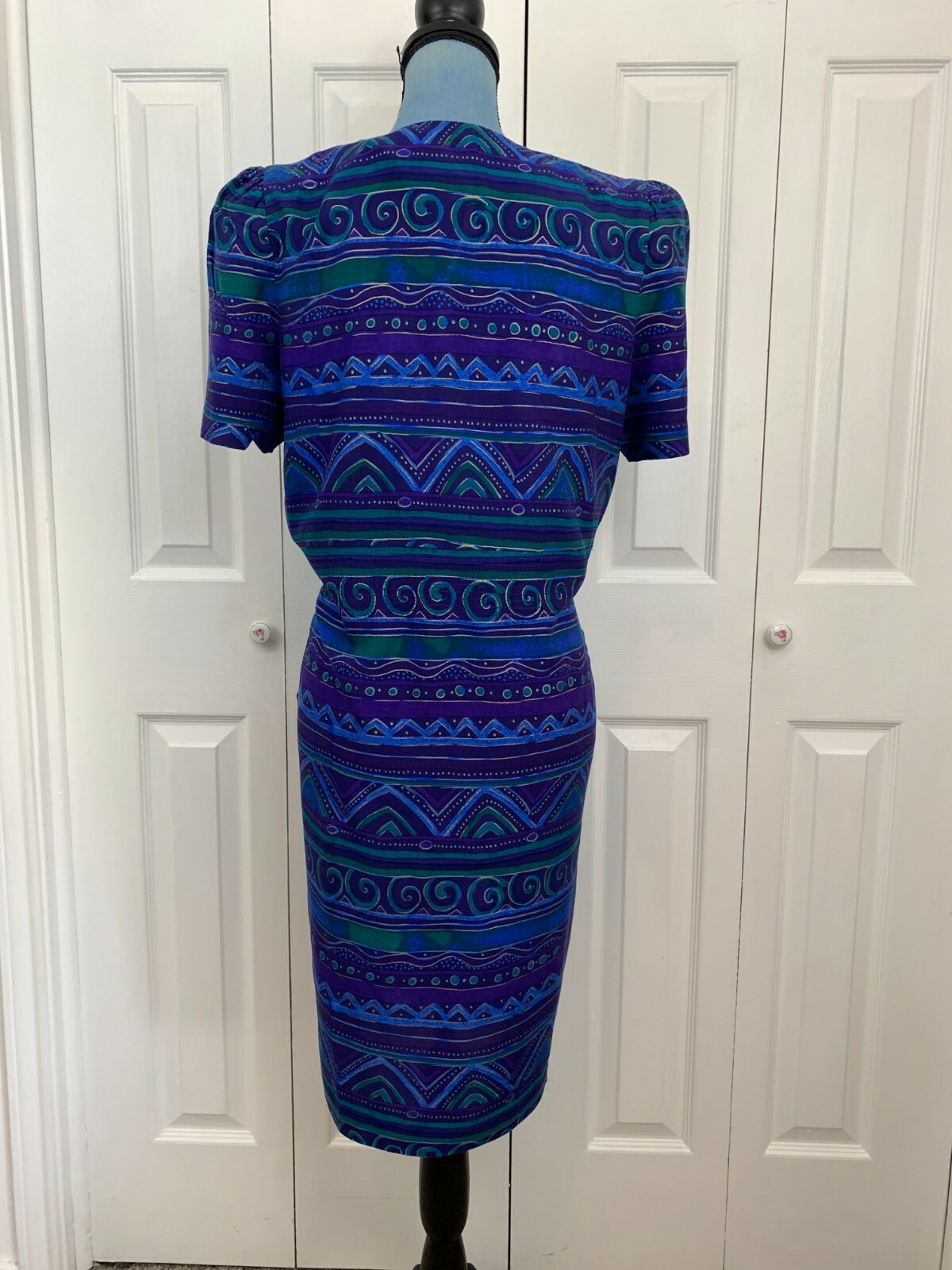 Vintage 1980’s 1990’s Positive Attitude Button Up Blue Purple Green Dress 8 P